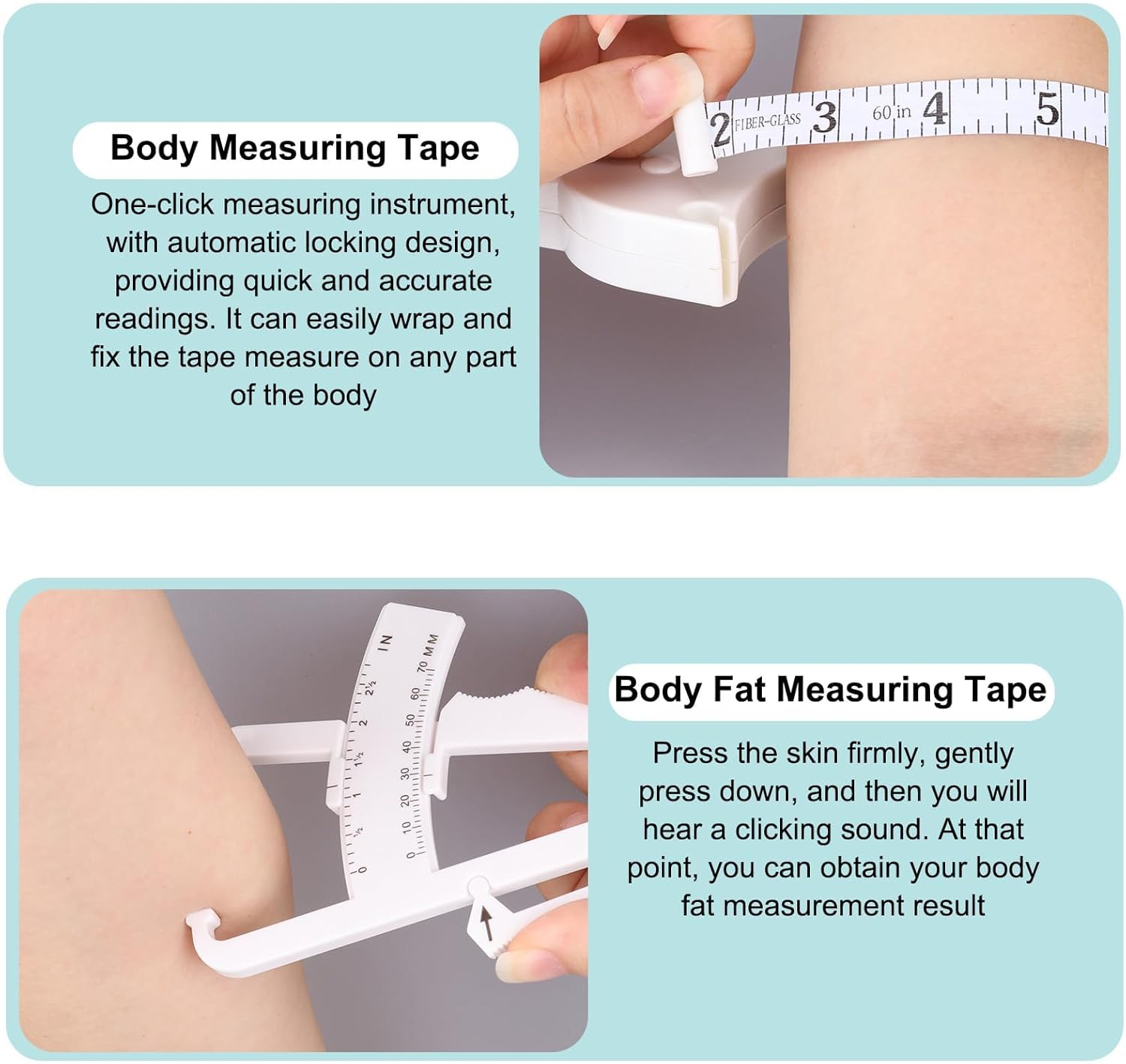 2 PCS Body Fat Caliper and Measuring Tape Sets for Body, Skinfold Calipers and Body Fat Tape Measure Tool for Accurately Measuring BMI Skin Fold Fitness and Weight-Loss, 2025 Upgraded Design (White) image number 3