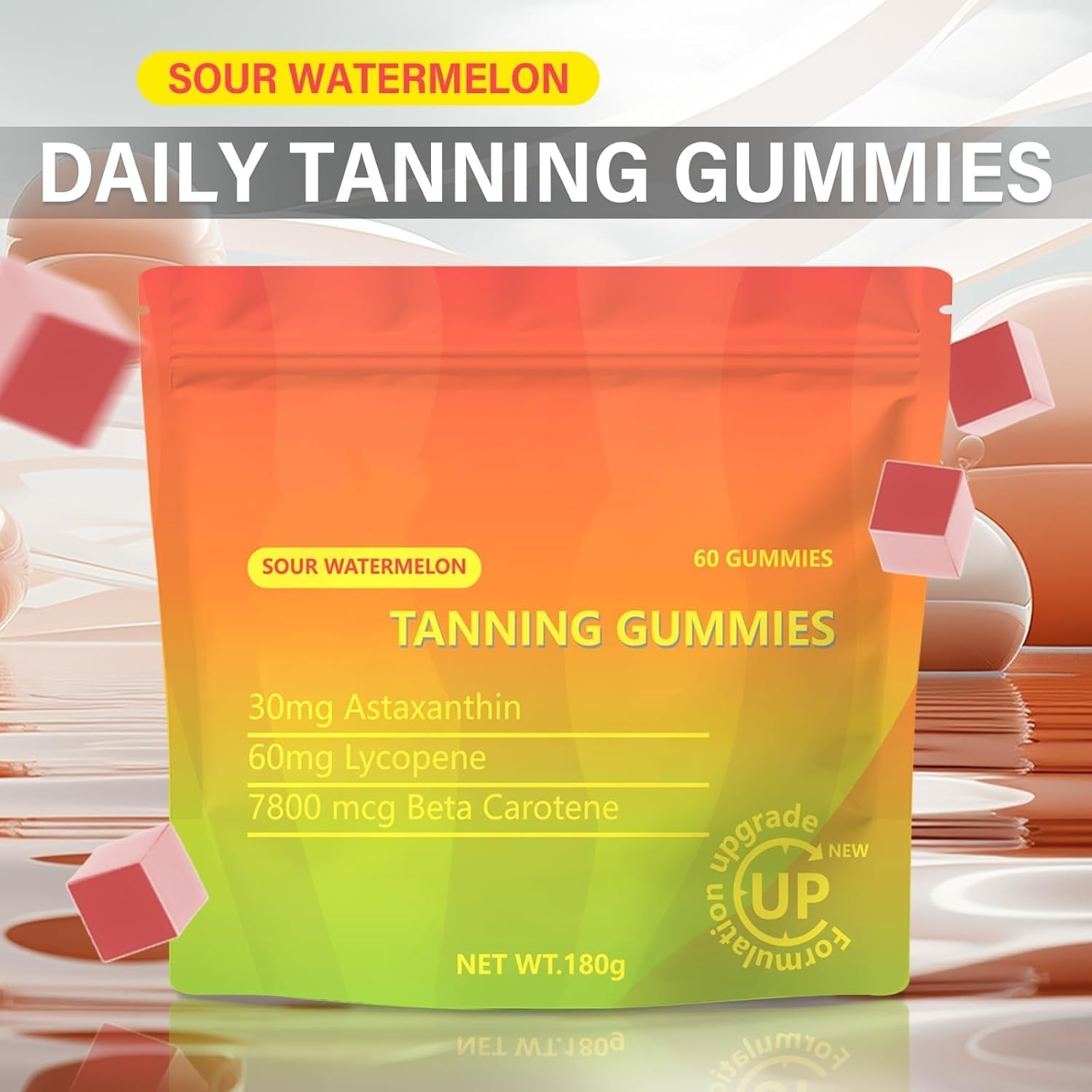Tanning Gummies,Natural Tanning Gummies with Astaxanthin 24Mg, Lycopene 50Mg, Beta Carotene 7500 Mcg Supplement Supports Skin Health & Glow, Watermelon Flavor - 60 Gummies image number 3