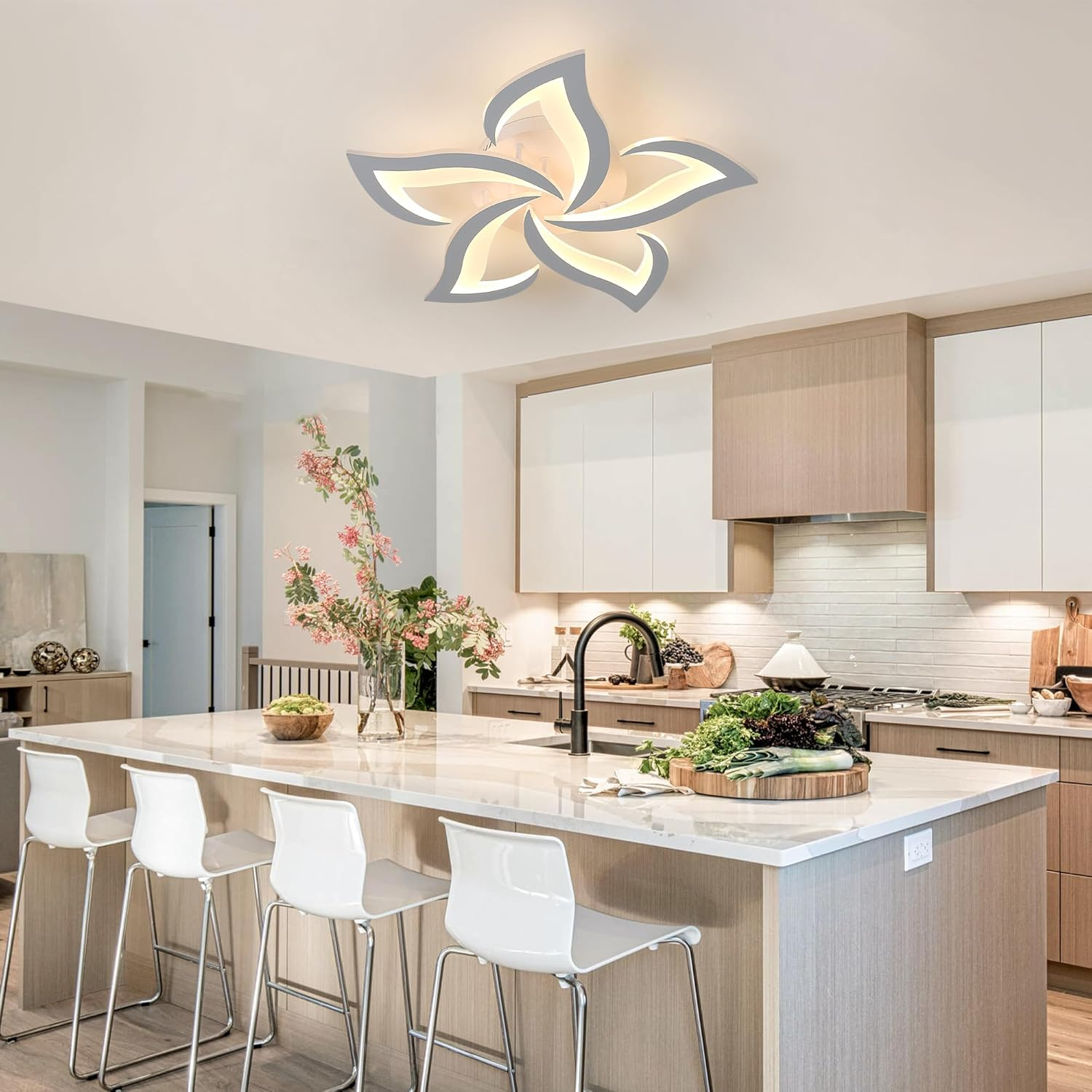 Comely Modern LED Ceiling Chandelier, 60Cm 60W 6750LM LED Ceiling Light, Modern Acrylic Flower Ceiling Light, 3000K Warm White Light, White image number 3