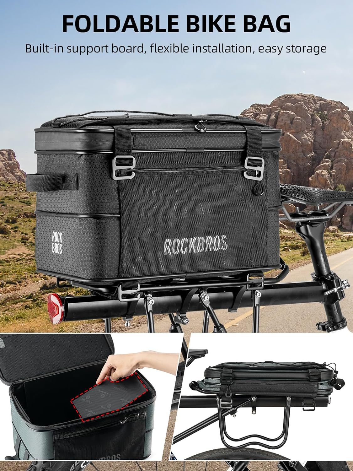 ROCKBROS Rear Bike Rack Bag 15-30L Bike Pannier Bag with Removable Side Bag Saddle Bag Rear Rack for Commute Shopping and Cycling (Black) image number 3