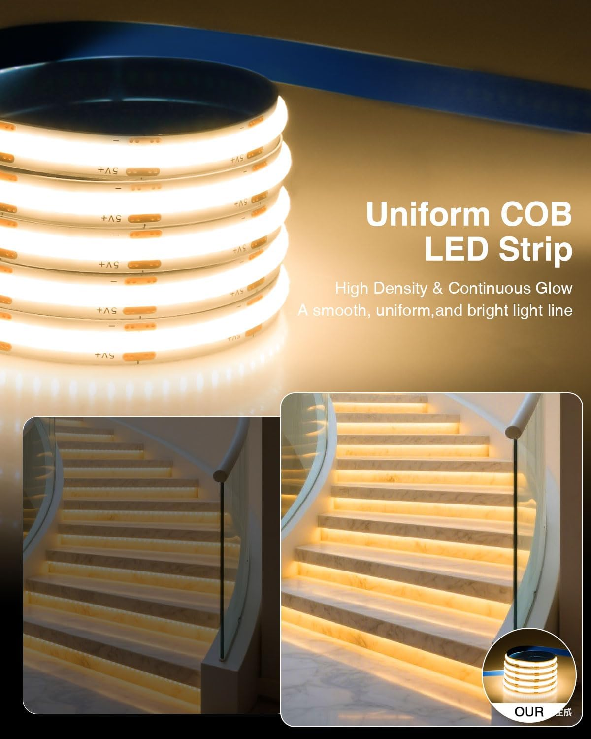 Aclorol USB COB LED Strip 1 M Warm White 3000 K Flexible Cut LED Strip Self-Adhesive for TV Backlight Living Room Mirror Wardrobe Lighting 320Leds/M 8 Mm Width (Pack of 2) image number 3