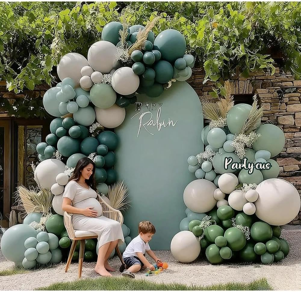 Partycus Dusty Blue and Green Balloon Garland - Double Stuffed Sage Green Teal White Matte Balloons Olive Slate Blue Boho Arch Kit for Baby Shower Neutral Birthday Bridal Party Decoration Medium - Brown,Green image number 7