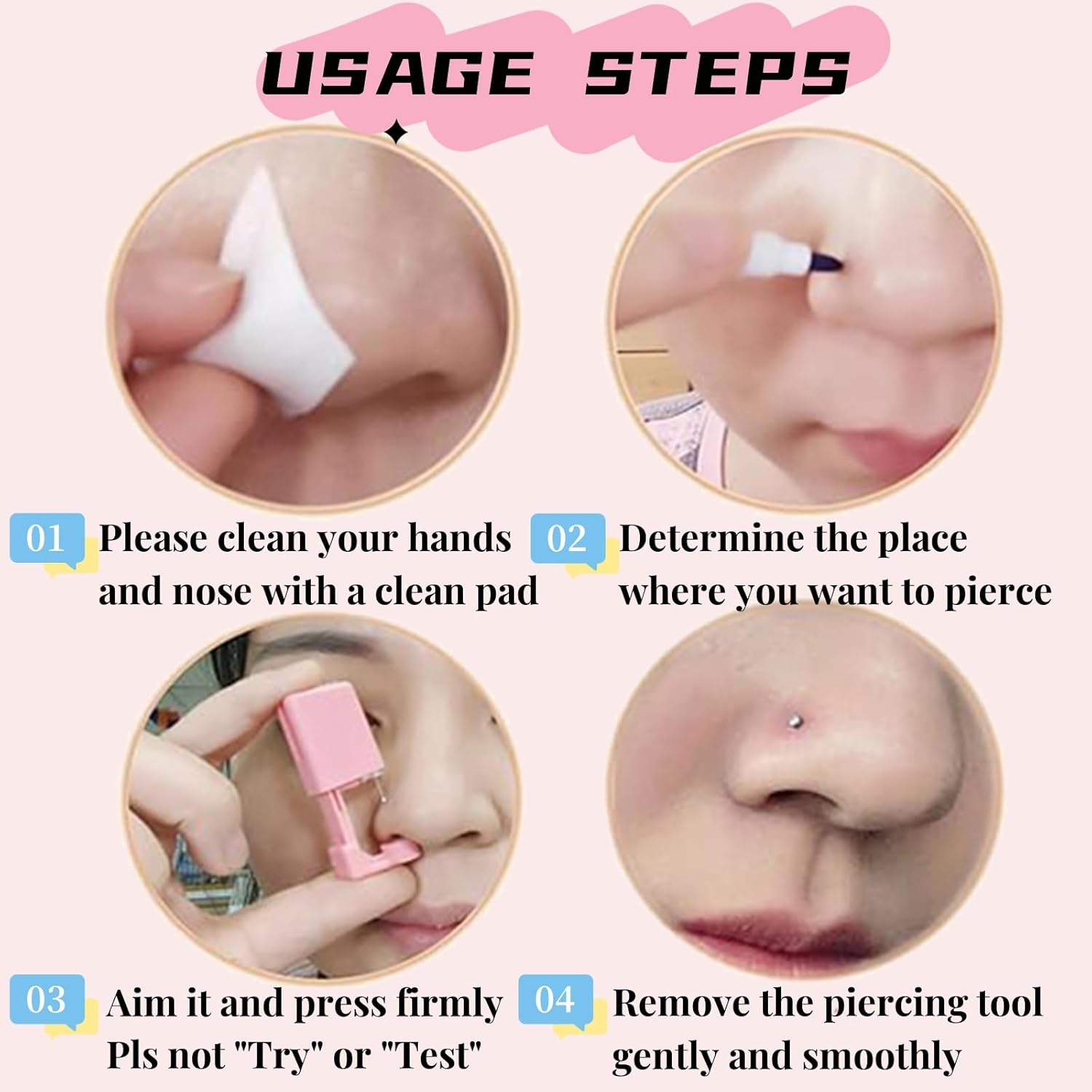 Orilace 4Pcs Nose Piercing Kit - Self Disposable Nose Piercing Gun Easy Safe Low Pain at Home Piercing Kit Tool Built-In Nose Stud - Pink image number 5