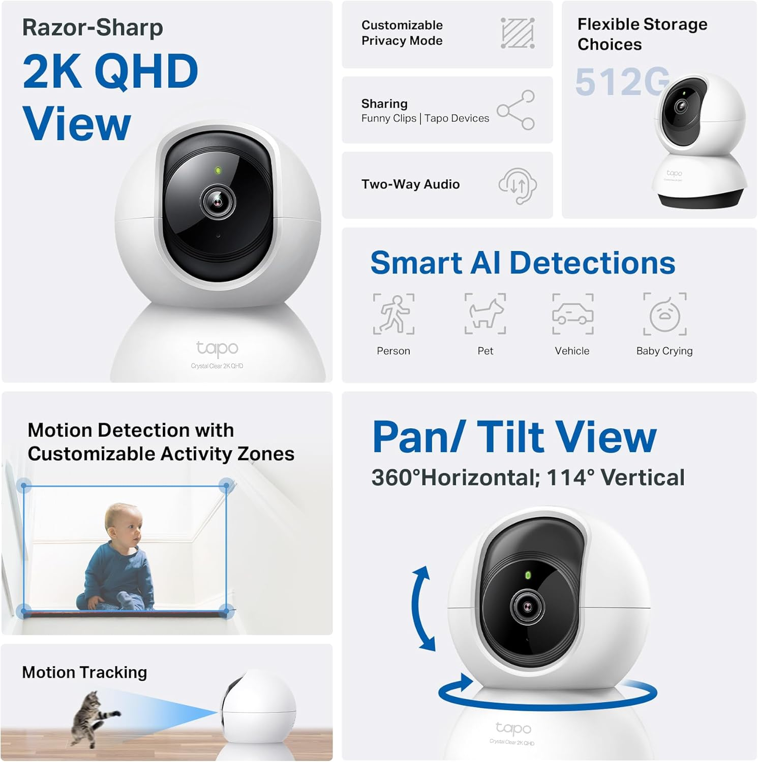 Tp-Link Tapo 2K QHD Pan/Tilt Security Camera for Pet Camera, Baby Monitor, Motion Detection, Motion Tracking, 2-Way Audio, Night Vision, Cloud &SD Card Storage, Works W/Alexa & Google Home(Tapo C220) image number 2