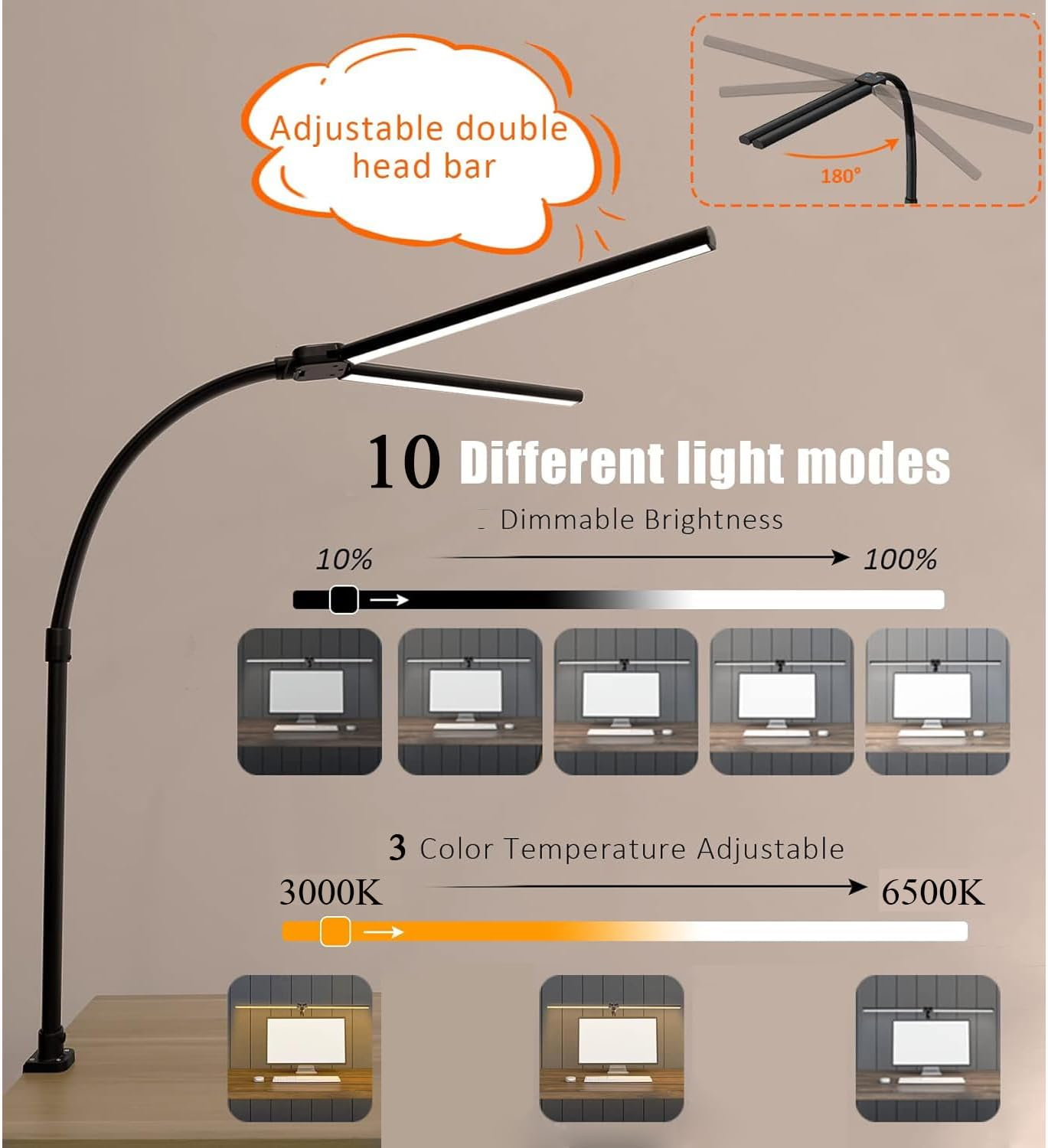 KEPHTH Led Desk Lamp for Office Home 76Cm Bright Double Head Desk Light with Clamp, Architect Task Lamp 30 Lighting Modes Adjustable Flexible Gooseneck