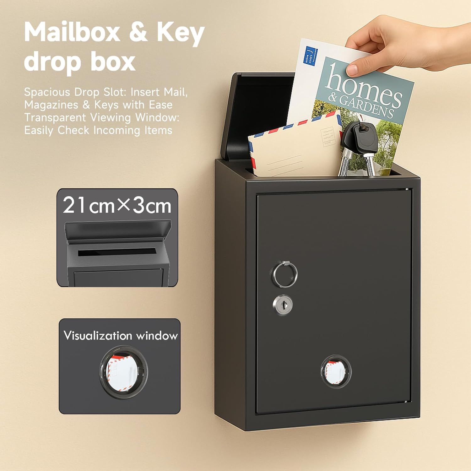 Wehere Wall-Mount Mailbox for Outside, Galvanized Steel Rust-Proof Mailboxes with Key Unlock, Key Drop Box, Large Locking Letter Box for House Porc, Front Door, Fence image number 4