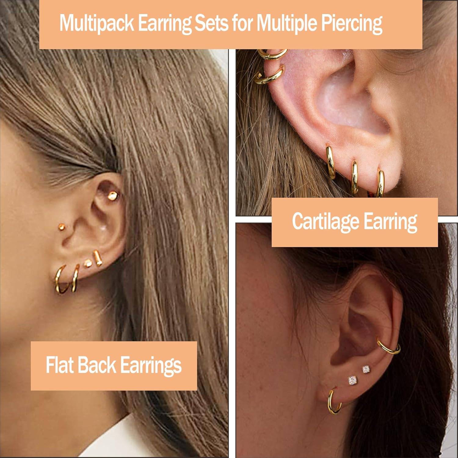 Kakonia Small Hypoallergenic Flat Back Stud Earrings for Women Men 14K Gold Plated Surgical Stainless Steel Earring Sets Tiny Screw Back Cartilage Earring image number 4