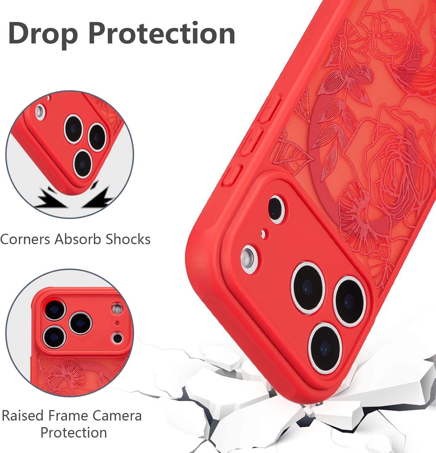 XIZYO Magnetic Case for Iphone 17 Pro Max, Compatible with Magsafe, Transparent Matt, Rose Floral Pattern, Shockproof Mobile Phone Case, Soft TPU Bumper Protective Case, Red image number 6