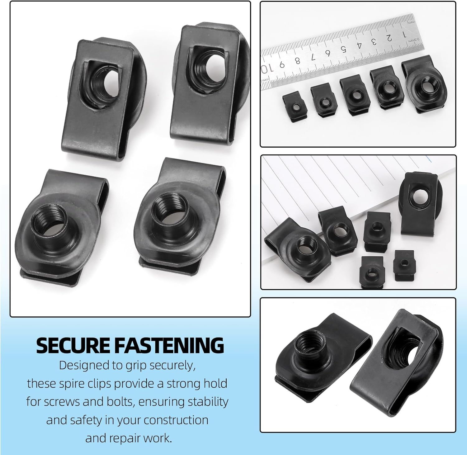 Glarks 50Pcs M4 M5 M6 M8 M10 U-Style Clip-On Nuts Set, Black Carbon Steel Thread Clip Nut, U Nuts Clamp Set, U-Shaped Nut, Automotive U-Clips for Engine, Fender, Bumper, Dash, Interior Trim Panels