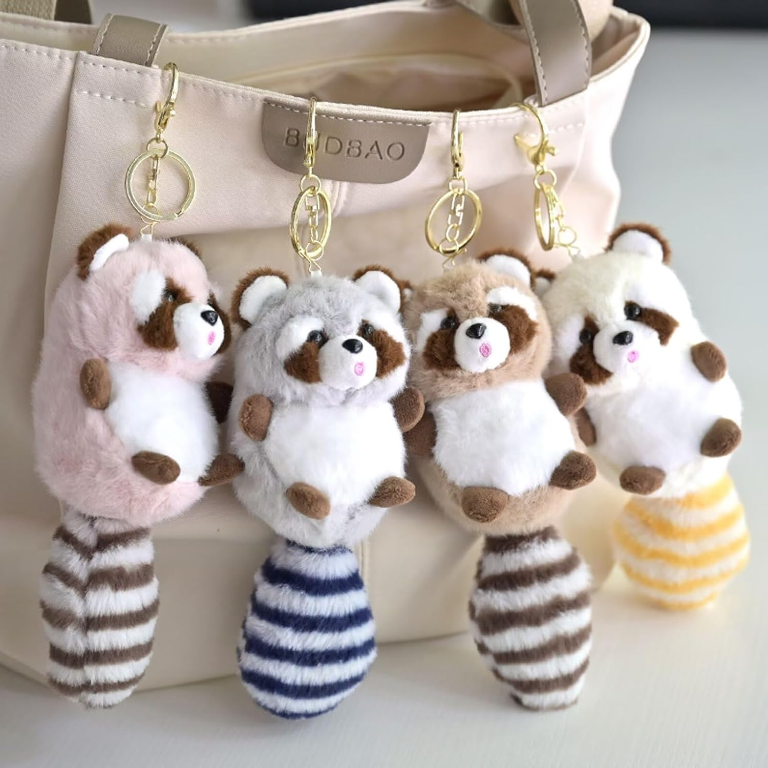 Yienning Plush Keychain,Soft Plush Raccoon Keychain,Animal Pendant Keychain Stuffed Raccoon Hanging Ornament Bag Key Chain - Khaki image number 4