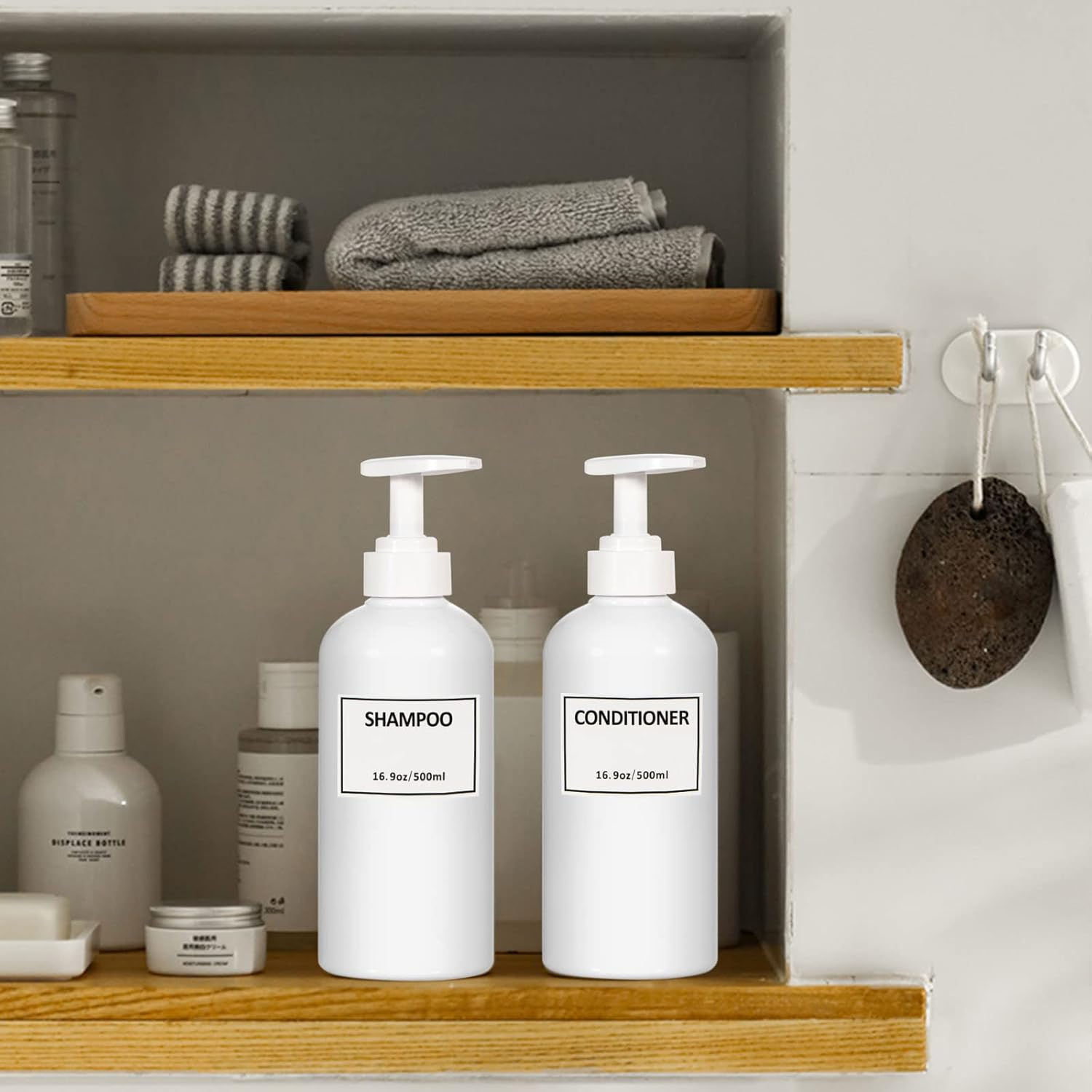 Yeeco Shampoo Bottles Refillable with Pump White Shampoo and Conditioner Pump Bottle Dispenser with Waterproof Labels 16.9Oz/500Ml 3 Packs, Shampoo Bottles for Bathroom, Kitchen, Hotel image number 4