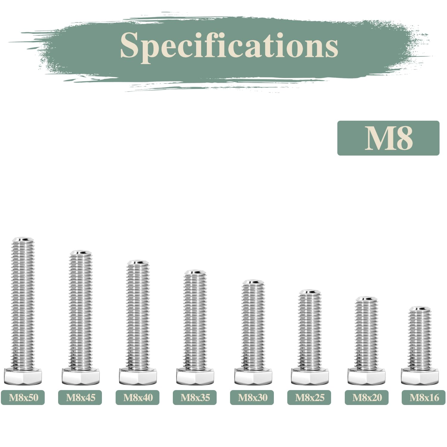 M8&times;50Mm Hex Bolts, Nuts, Flat Washers and Lock Washers, 20Pcs, 304 Stainless Steel, Fully Threaded Screw Bolts image number 5