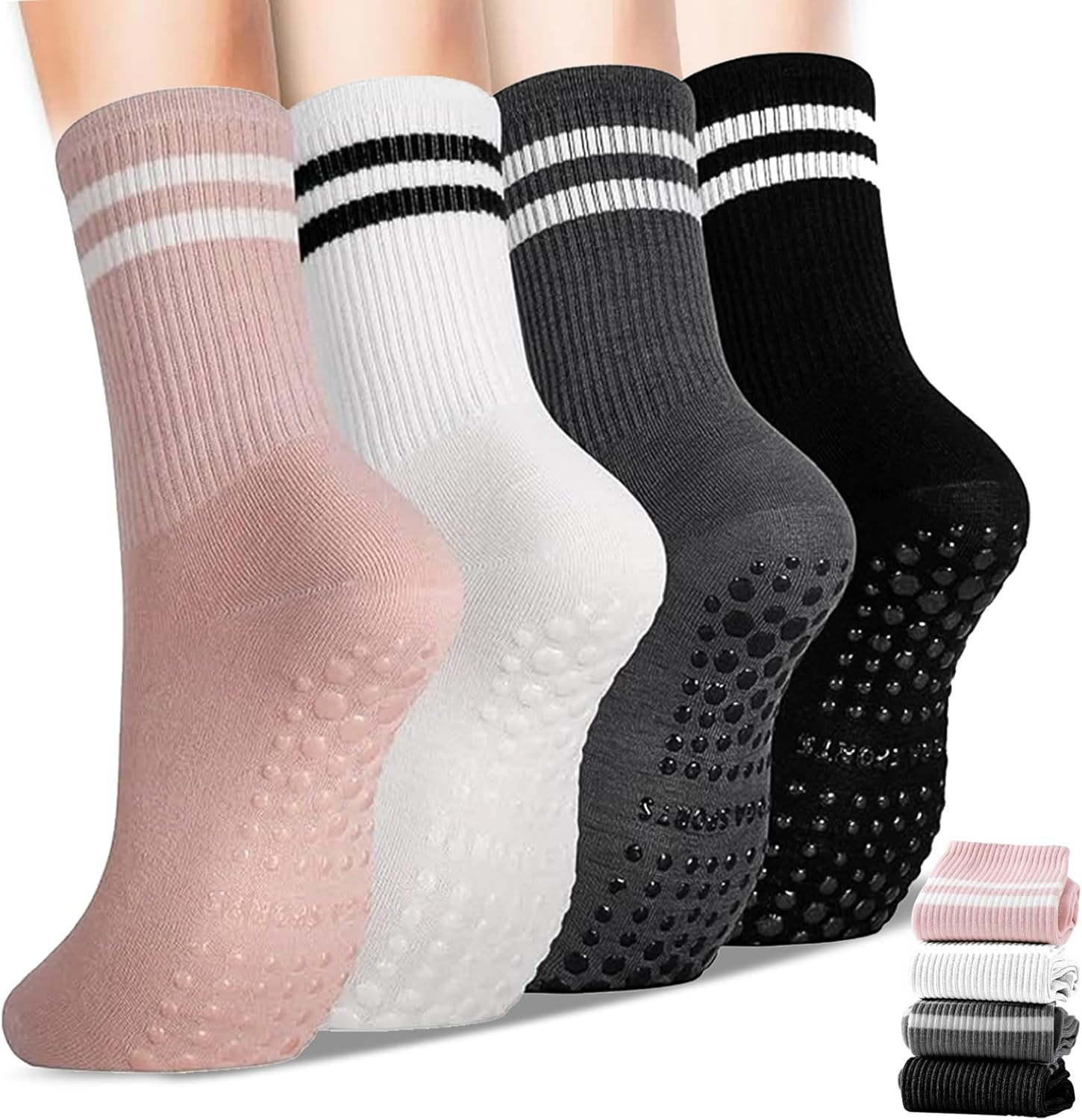 4 Pairs Yoga Grip Socks, Non Slip Pilates Socks Ladies Mid-Calf Pilates Grip Sock, Breathable Cotton Yoga Socks for Gym, Dance, Training, Barre, Fitness, Workout, Wooden Floor image number 4