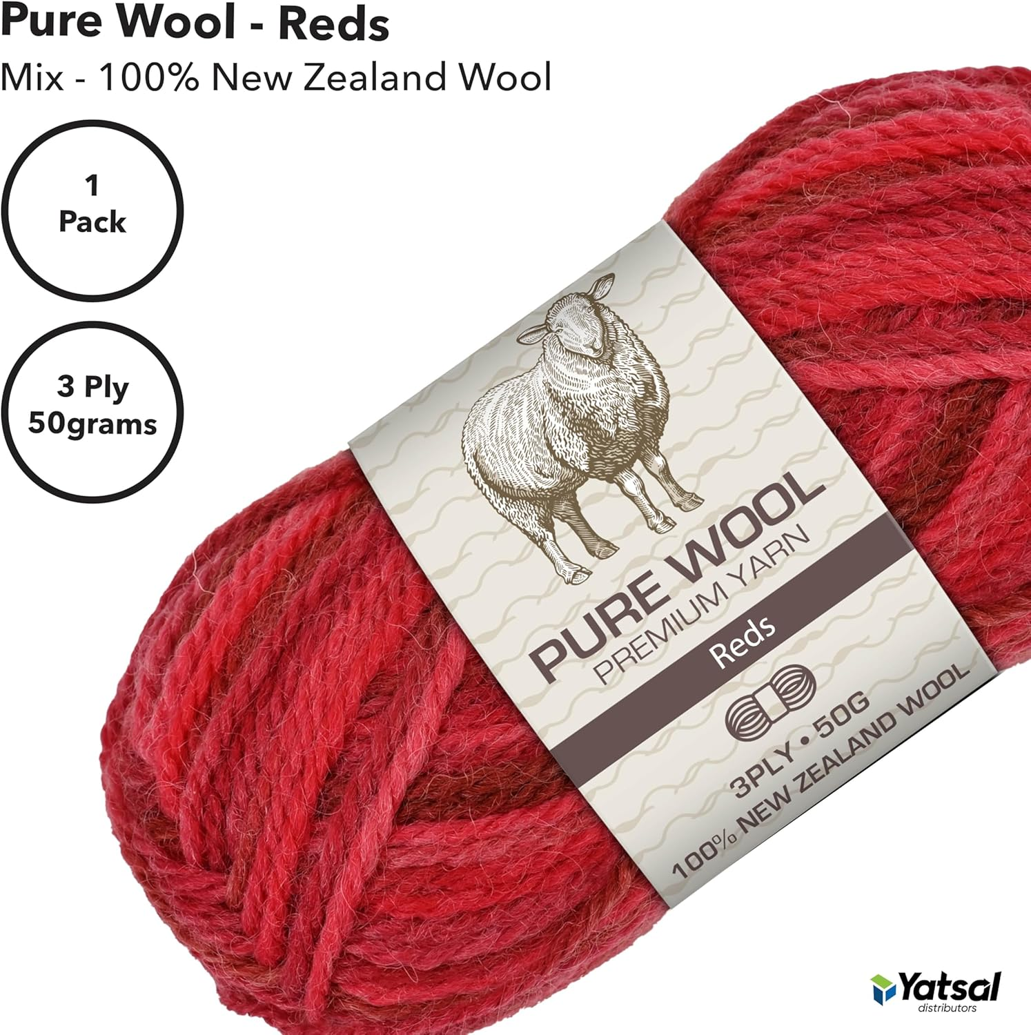 3-Ply Pure Wool 50 G, Reds image number 1