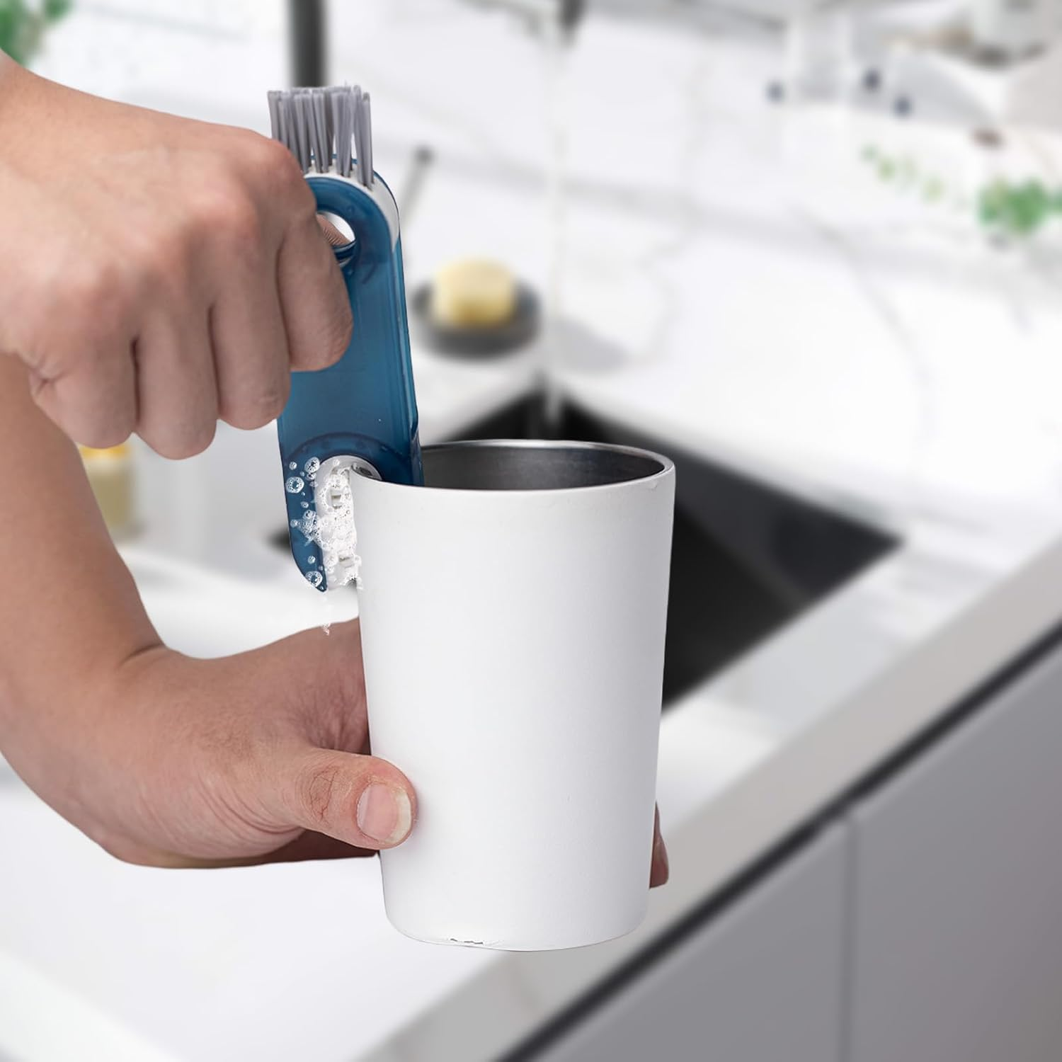 4 Pcs Cup Cleaning Kit &ndash; 3-In-1 Bottle Cleaner Brush Set, Multipurpose Cup Cleaning Brush Kit with Holder, Blue & Gray image number 4