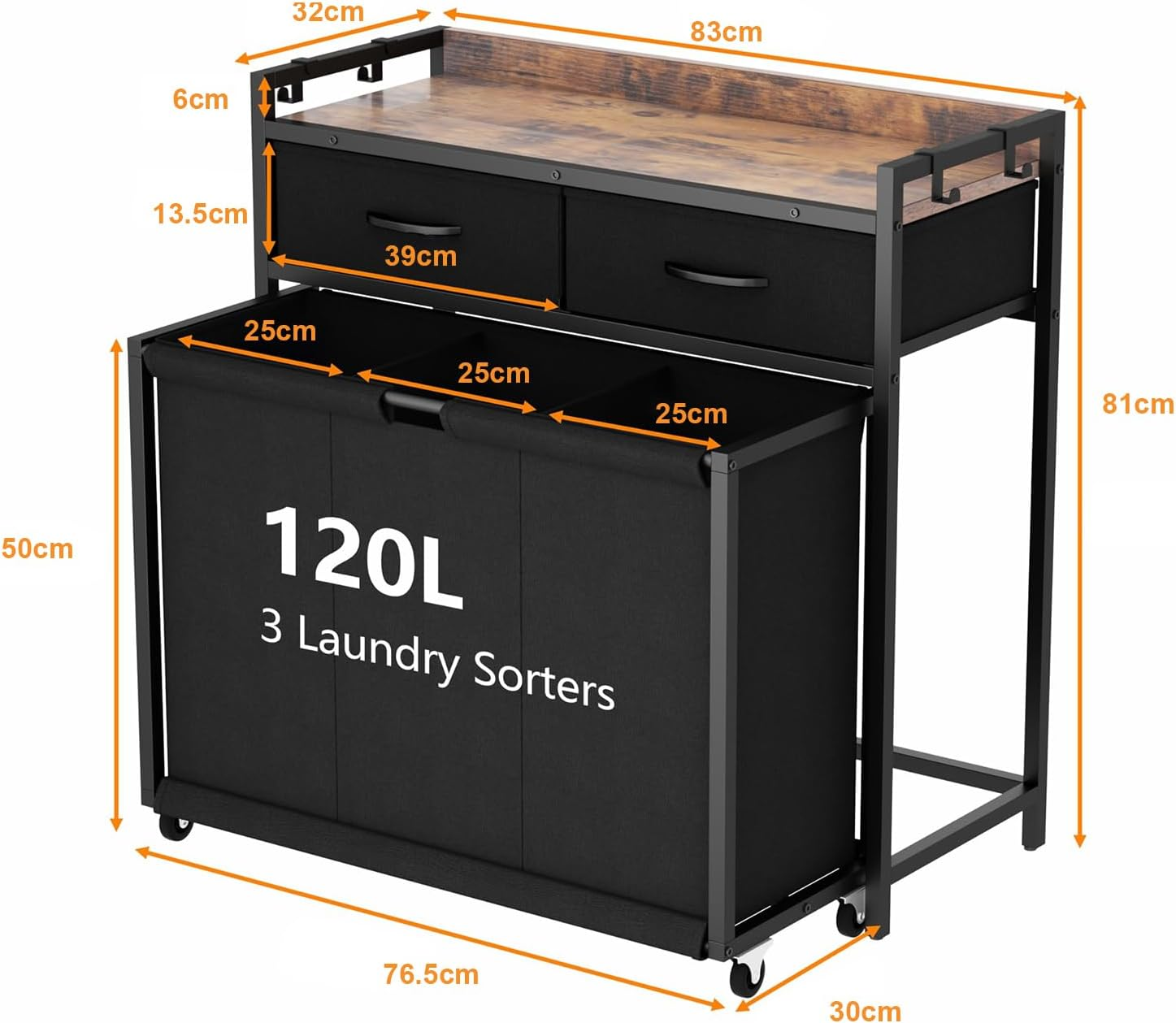 Kisfam Laundry Hamper Laundry Basket with 3 Section Pull-Out Rolling Bags, Laundry Sorter for Organization and Storage, 2 Pull-Out Drawers for Laundry Room, Bathroom, Bedroom Use (Brown) image number 3