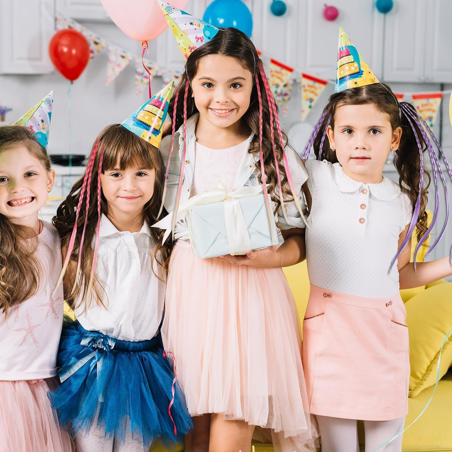 Colorful Wig Braid Head Rope, 12Pcs Coloured Hair Extensions with Hair Clips, Rainbow Braided Kids Hair Extensions, Colored Braids Hairs Extension with Rubber Bands image number 3