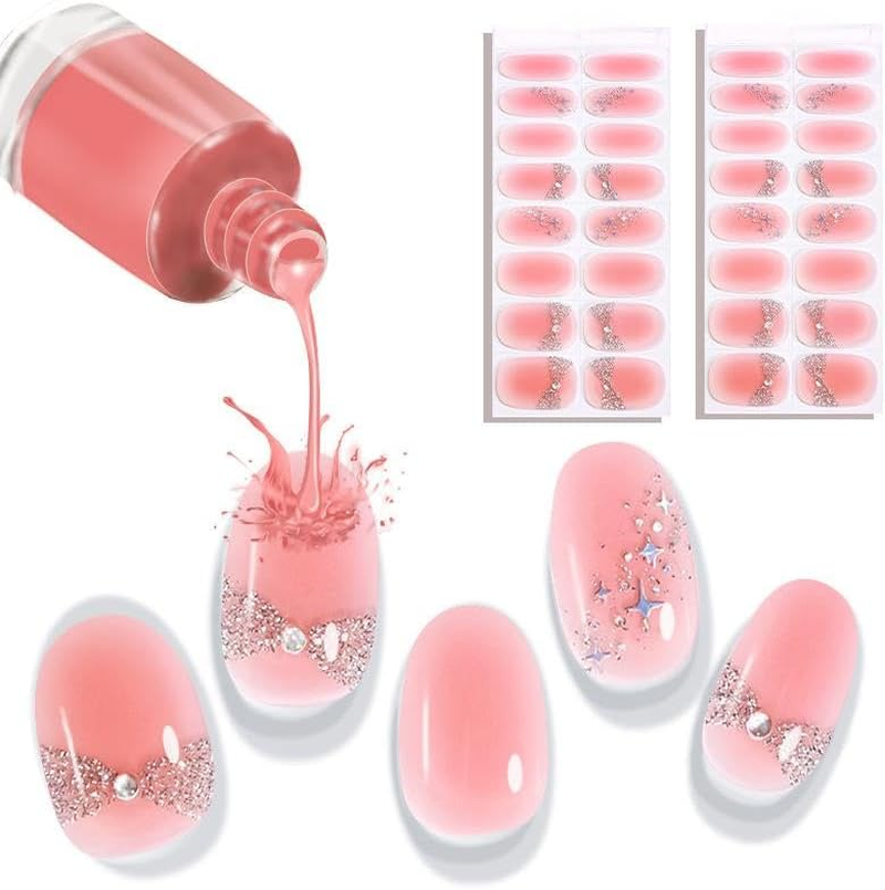 Amiiba 16Pcs XXXXXX French No-Baked Gel Nail Wraps,Waterproof Salon-Quality Self-Adhesive Nail Stickers for Women Girls, No UV/LED Lamp Needed (Lasts 14-28 Days) (Pink Glitter) image number 1