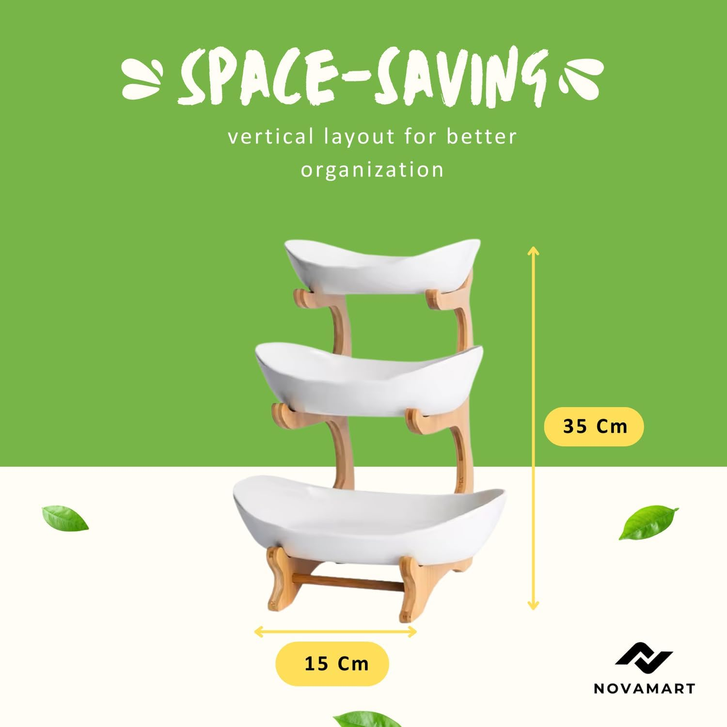 NOVAMART 3-Tier Fruit Bowl &ndash; Bamboo Wood Stand Tiered Fruit Basket for Kitchen Countertop, Produce, Vegetables, Bread & Snack Organizer &ndash; Space-Saving Counter Storage Display image number 5