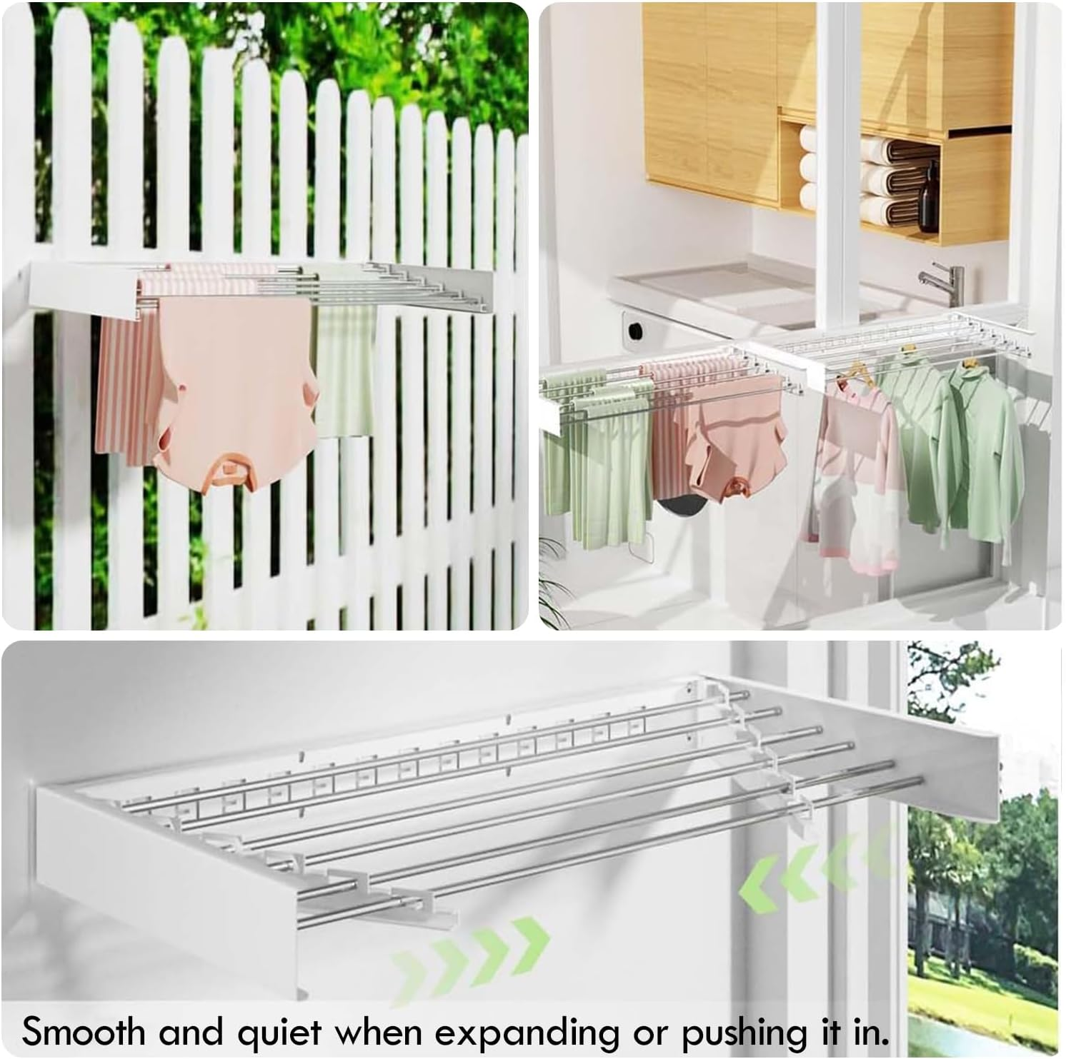 Nestcharm Foldable Wall Mounted Drying Rack - Collapsible Laundry Organizer with 5 Stainless Steel Rods, Space Saving Hidden Design & Installation Template for Indoor Use, White 40 Inch (100Cm) image number 4
