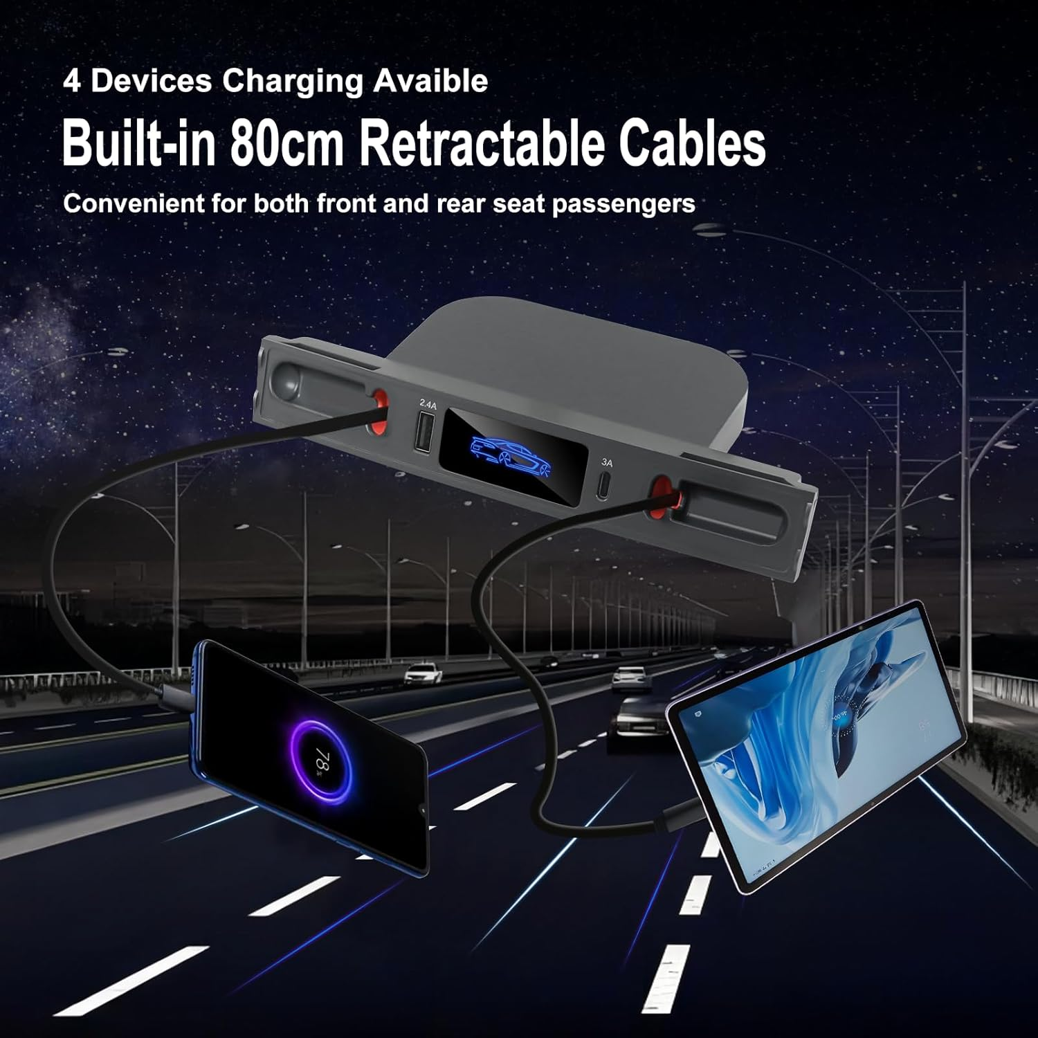Moravartisan Center Console USB Hub for Tesla Model Y 2021-2024 Model 3 2021-2023, Docking Station Adapter with Retractable Charging Cables, Usb-C and Usb-A Fast Charger Expansion Dock, Backlit Logo image number 5