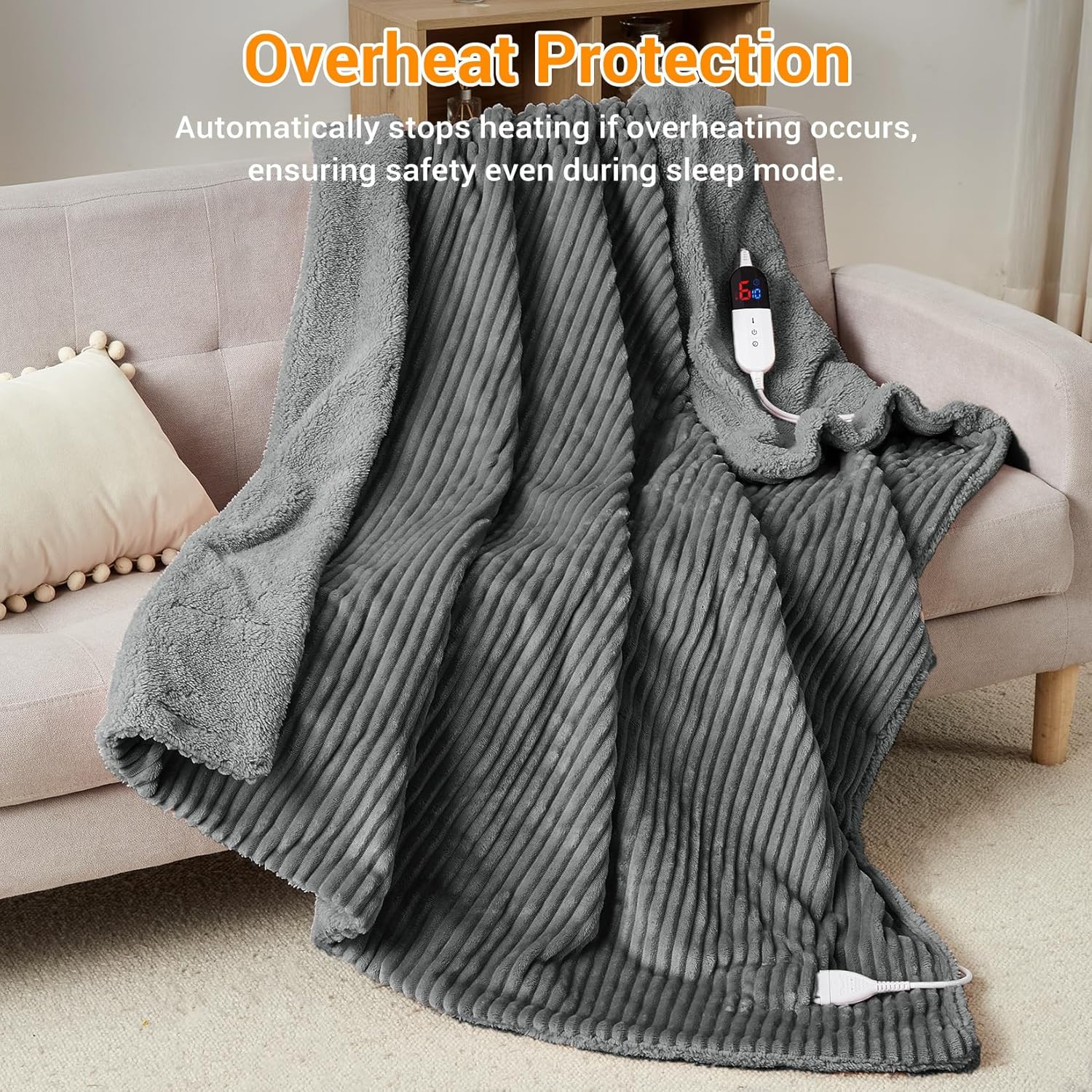 Electric Heated Throw Blanket 160X130Cm, Thick Washable Ribbed Flannel Heating Blanket with 6 Heat Levels, 10 Timer Settings & SAA Certified, Electric Blanket for Bed, Couch & Sofa, Grey image number 1