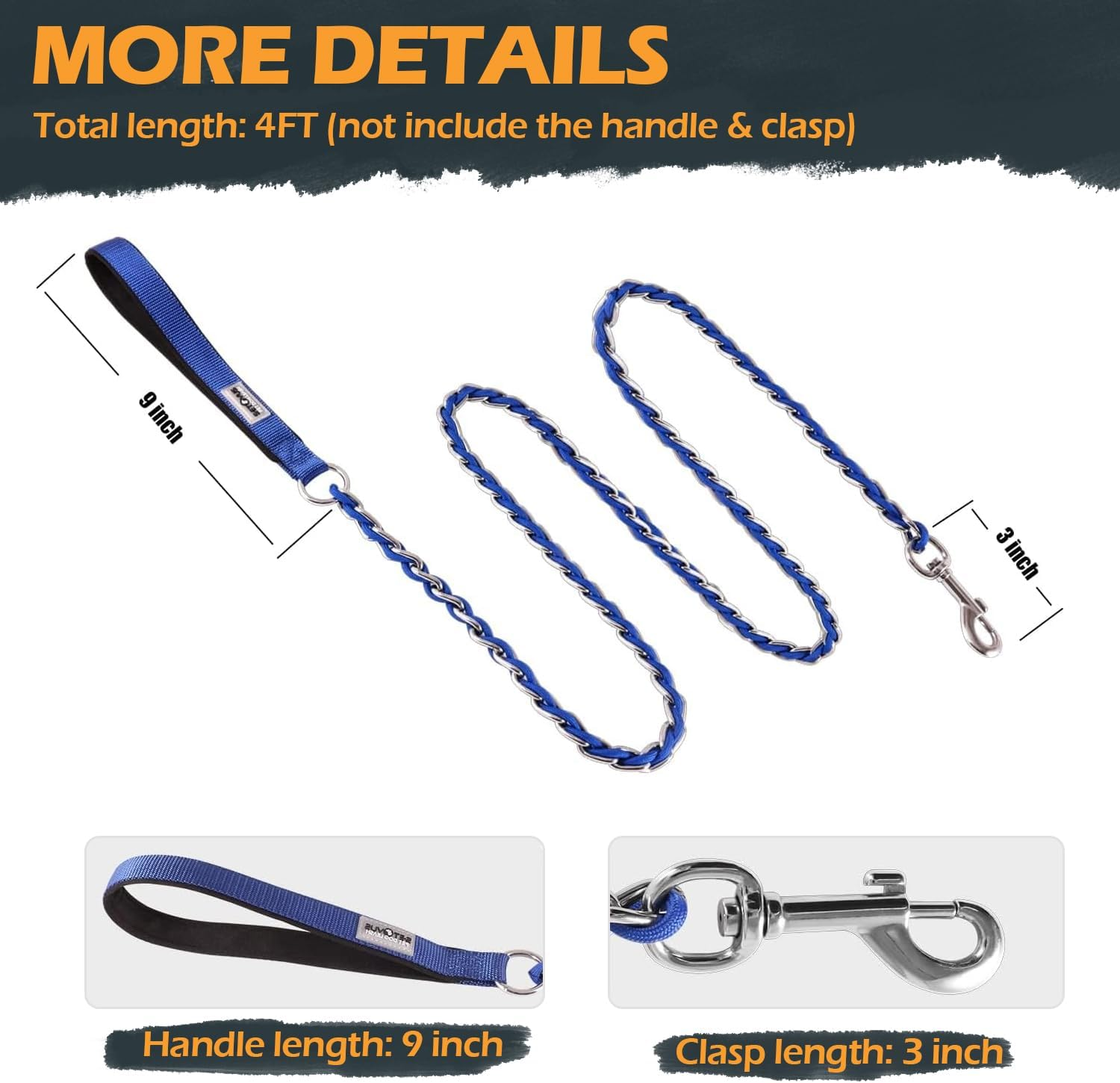 Chain Dog Leash Chew Proof Metal Leash for Medium Large Dogs, Chain Link anti Chew 4FT Strong anti Bite Comfortable Soft Padded Handle Blue 3.0