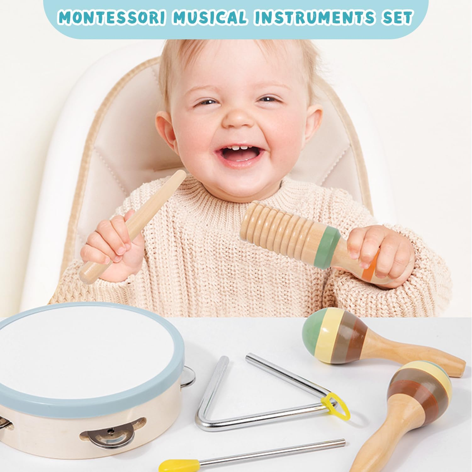 7 in 1 Musical Instruments Set for Toddler, Wooden Montessori Toys Best Birthday Gifts for Boys and Girls, Preschool Educational Musical Toys for 1 2 3 Year Old image number 5