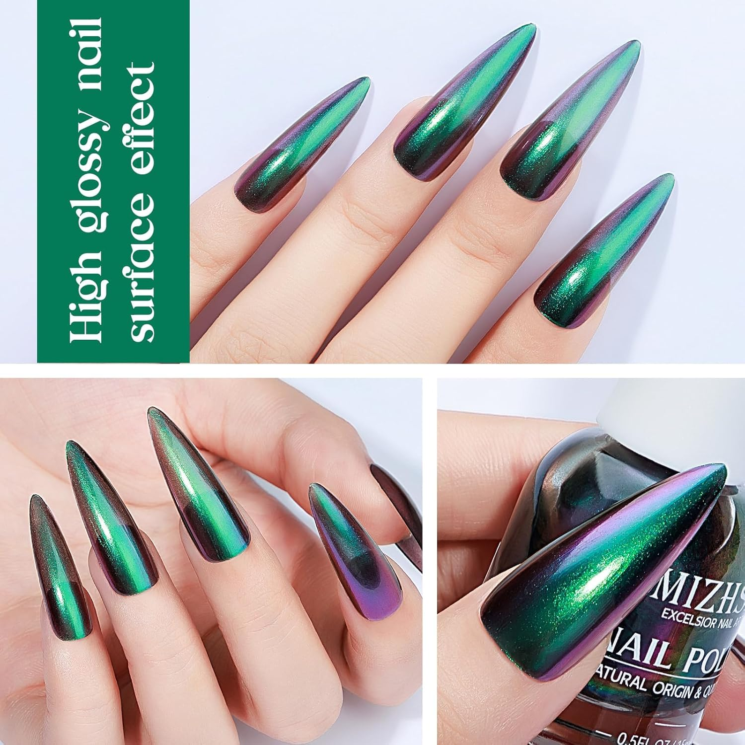 MIZHSE Chameleon Nail Polish, Green Nail Polish Air Dry Fast, 15Ml/0.5 Fl Oz High Glossy Shiny Nail Pigment Holographic Nail Polish Nail Art Salon Manicure Home image number 6