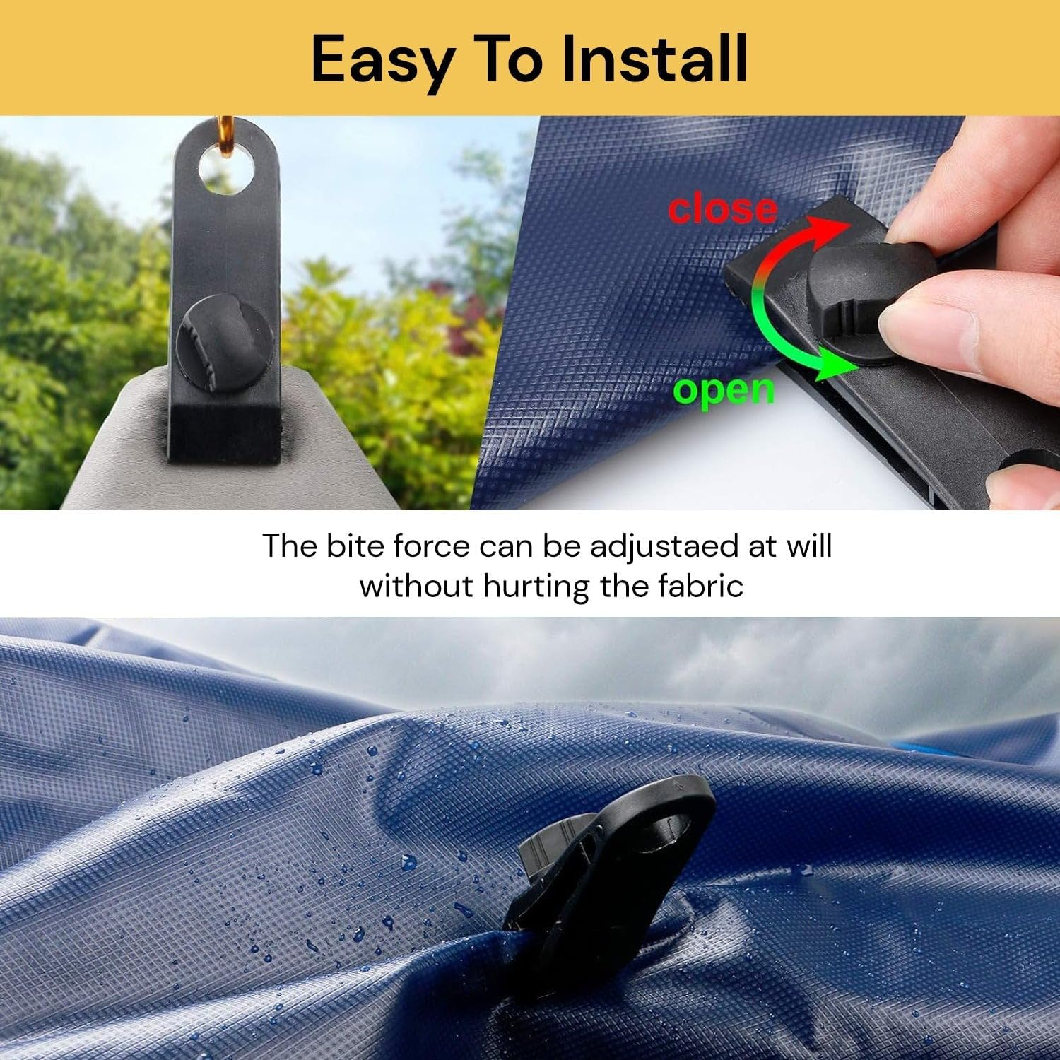 EZONEDEAL 5 Pcs Tarp Clips Heavy Duty Lock Grip, Tent Clamps with Thumb Screw and Bungee Ball Cords Clip & Carabiner for Fixing Tarps, Awnings, Tarpaulin, Camping, Caravan Canopies, Car Cover Clamp image number 4