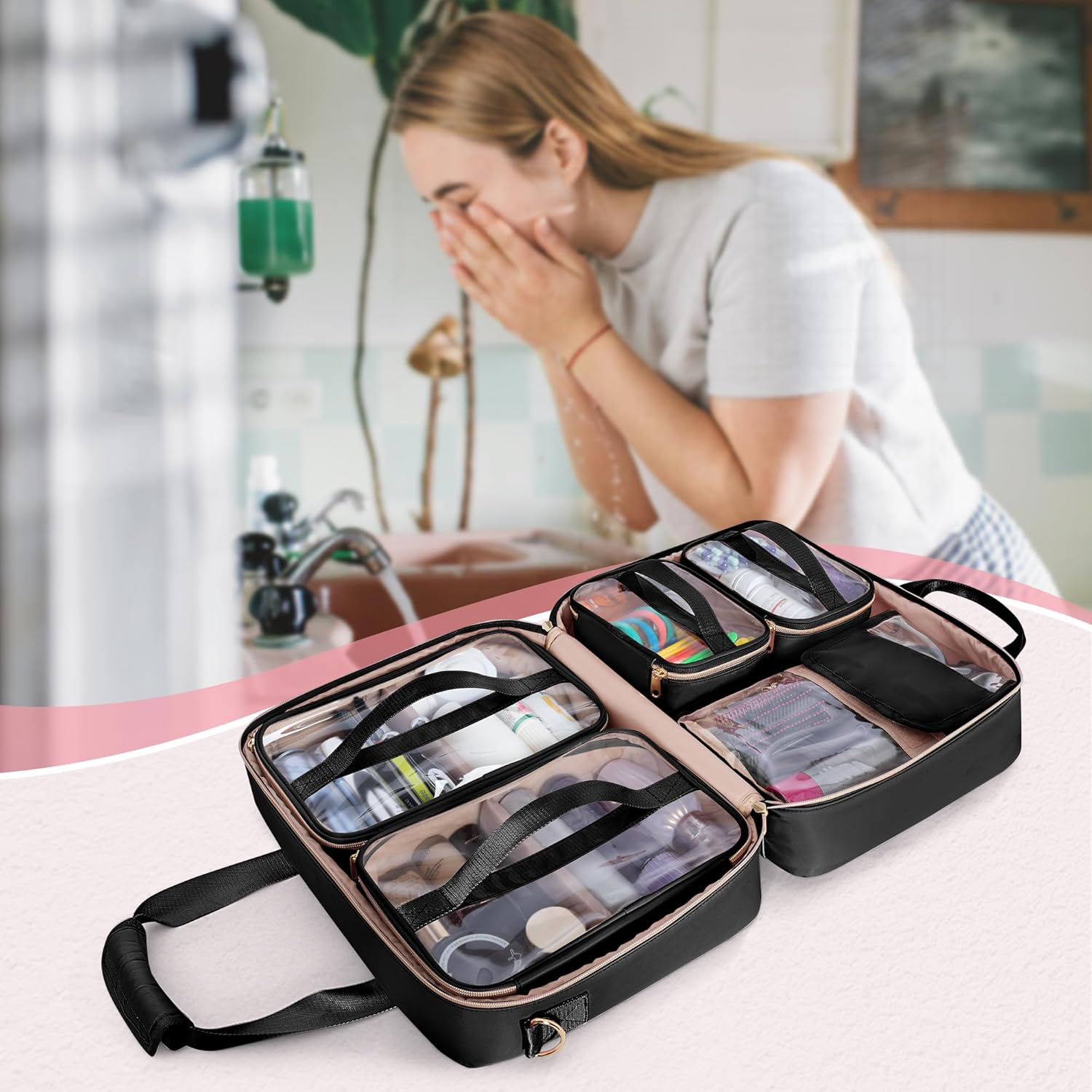 Prokva Extra Large Toiletry Bag for Women with 4 Individual Cases, Black, Classic image number 4