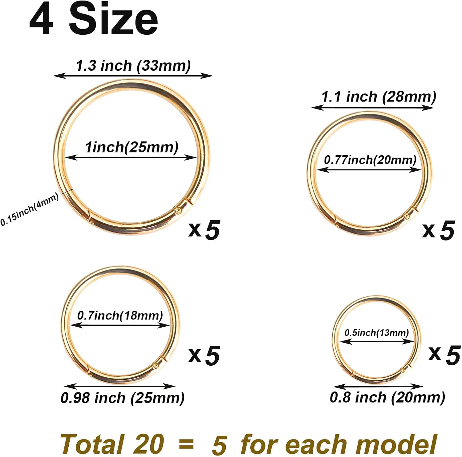 Maydahui 20PCS Spring O Ring Zinc Alloy Spring Clip 4 Size (0.8, 0.98, 1.1, 1.3Inch) Gold round Carabiner Snap Hook Key Ring Circle Trigger Rings Multi-Purpose for Handbag Purse Dog Leashes image number 4