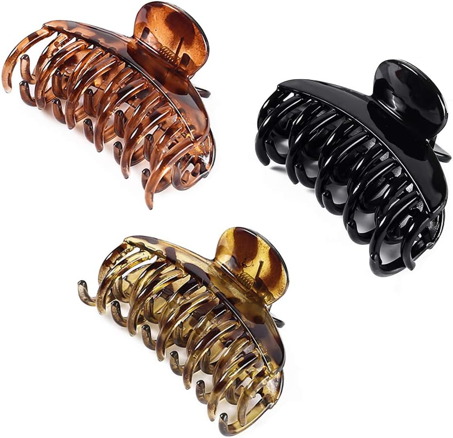 DEEKA 3 PCS 2.5 Inch Tortoise Shell Hair Claw Clips Double Row Teeth Plastic Hair Jaw Clips Hair Barrettes Thick Medium Thin Hair Clips for Women