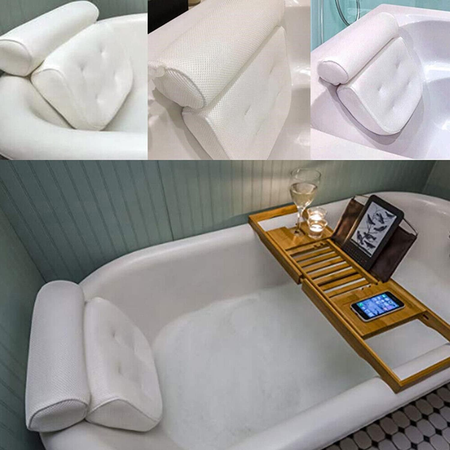 Bath Pillow, Bath Pillows for Bathtub, Bathtub Home Spa Soft Pillow with 3D Air Mesh Breathable and 6 Suction Cups, Head, Neck, Back and Shoulder Support, Air Dry with Hanging Hook image number 5