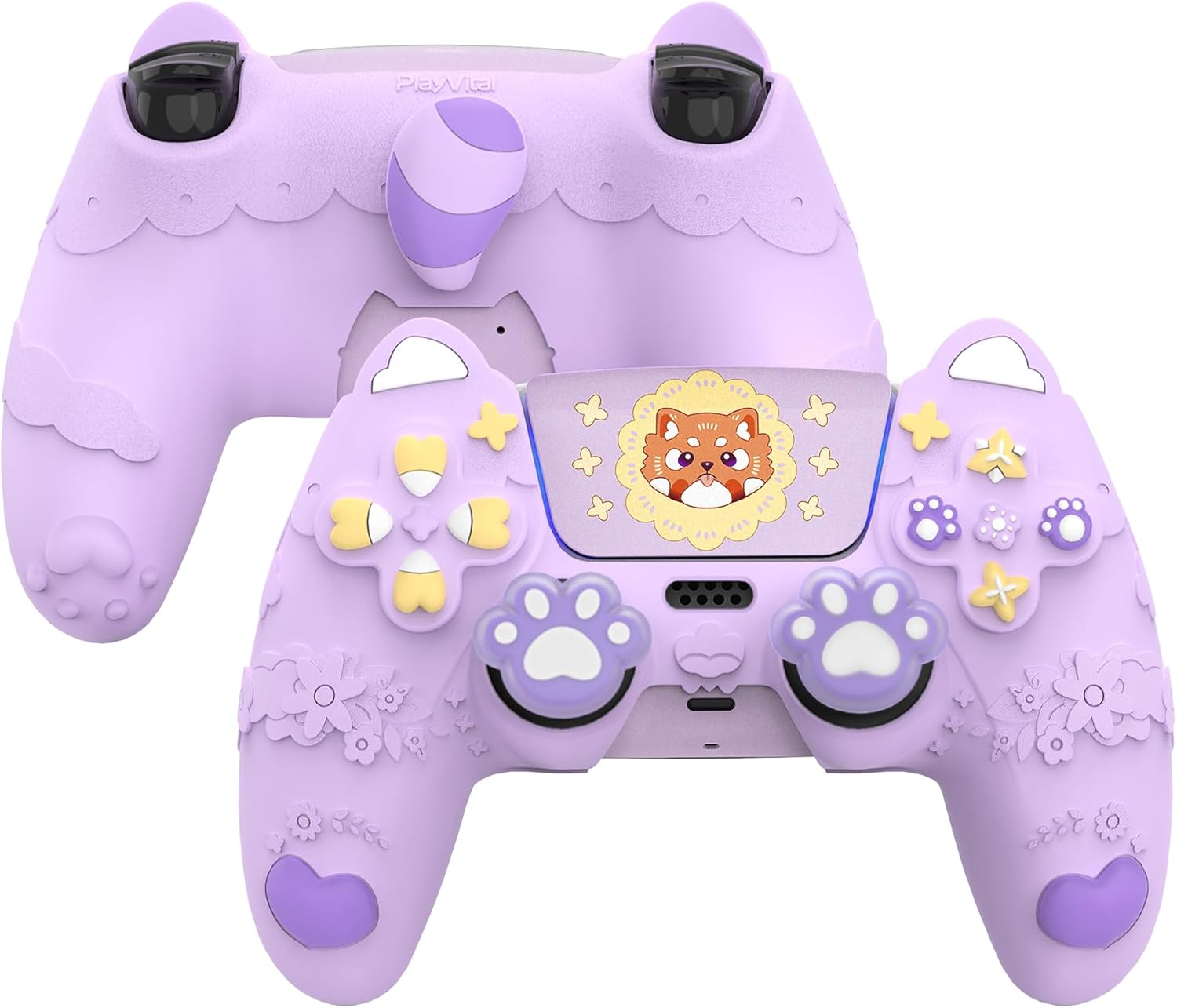 Playvital Cute Spring Lesser Panda Silicone Cover for Ps5 Controller with Joystick Cap and Sticker, Anti-Grip Shockproof Skin, Compatible with Charging Station, Taro Purple image number 3