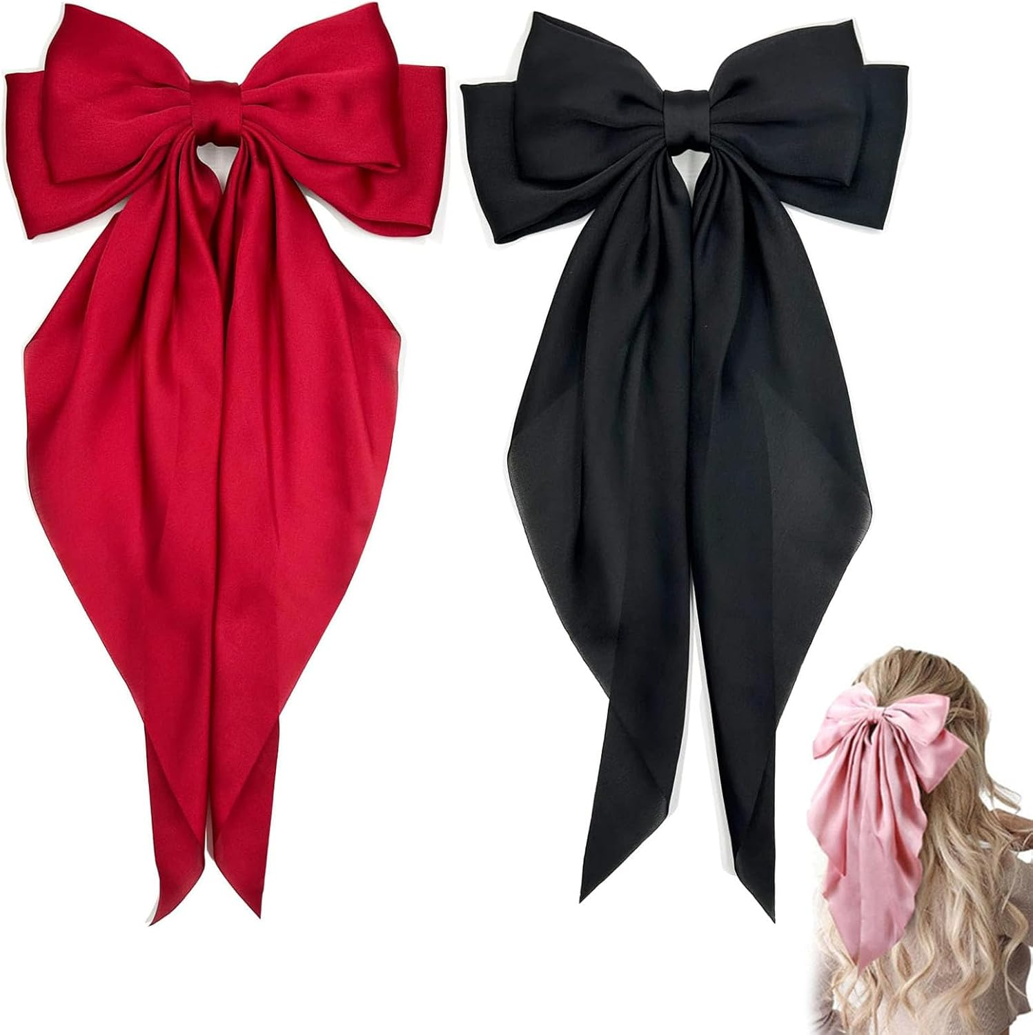 Bow Hair Clips Solid Color Bow French Automatic Hair Clip with Long Silky Satin Tail Large Bows for Simple Women Girls Barrettes Hair Fastener Accessorie (White-Dark Blue, 2) - Dark Green-Dark Blue image number 2