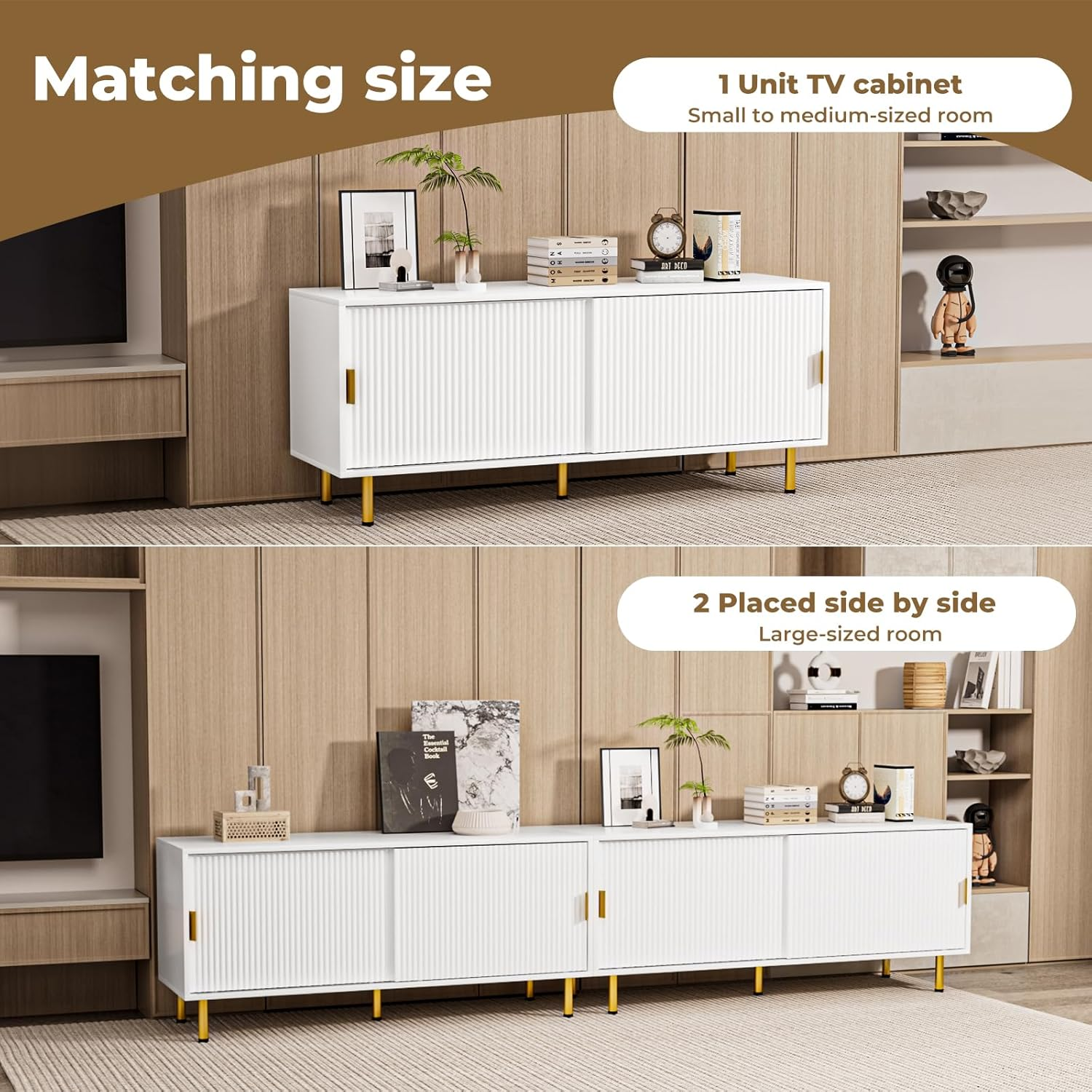 Levede TV Cabinet, 120Cm Entertainment Center TV Unit Stand with 2 Sliding Door, TV Console Table with 2 Storage Cabinets, Media Cabinet for Living Room, Bedroom and Office,Gold Leg, Handle,White image number 3