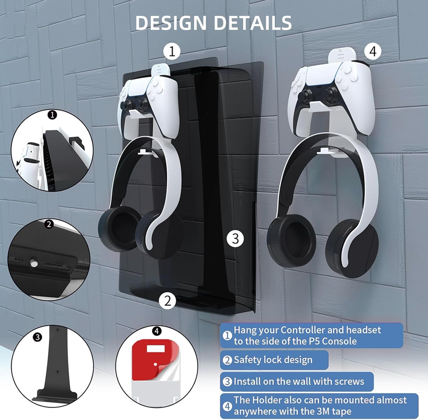 Wall Mount for PS5/ PS5 Slim/ PS5 Pro Console, Sturdy Steel Vertical Wall Mount Bracket Kit with Controller Holder & Headphone Storage Hanger for PS5 Slim Pro (White) - Black image number 4