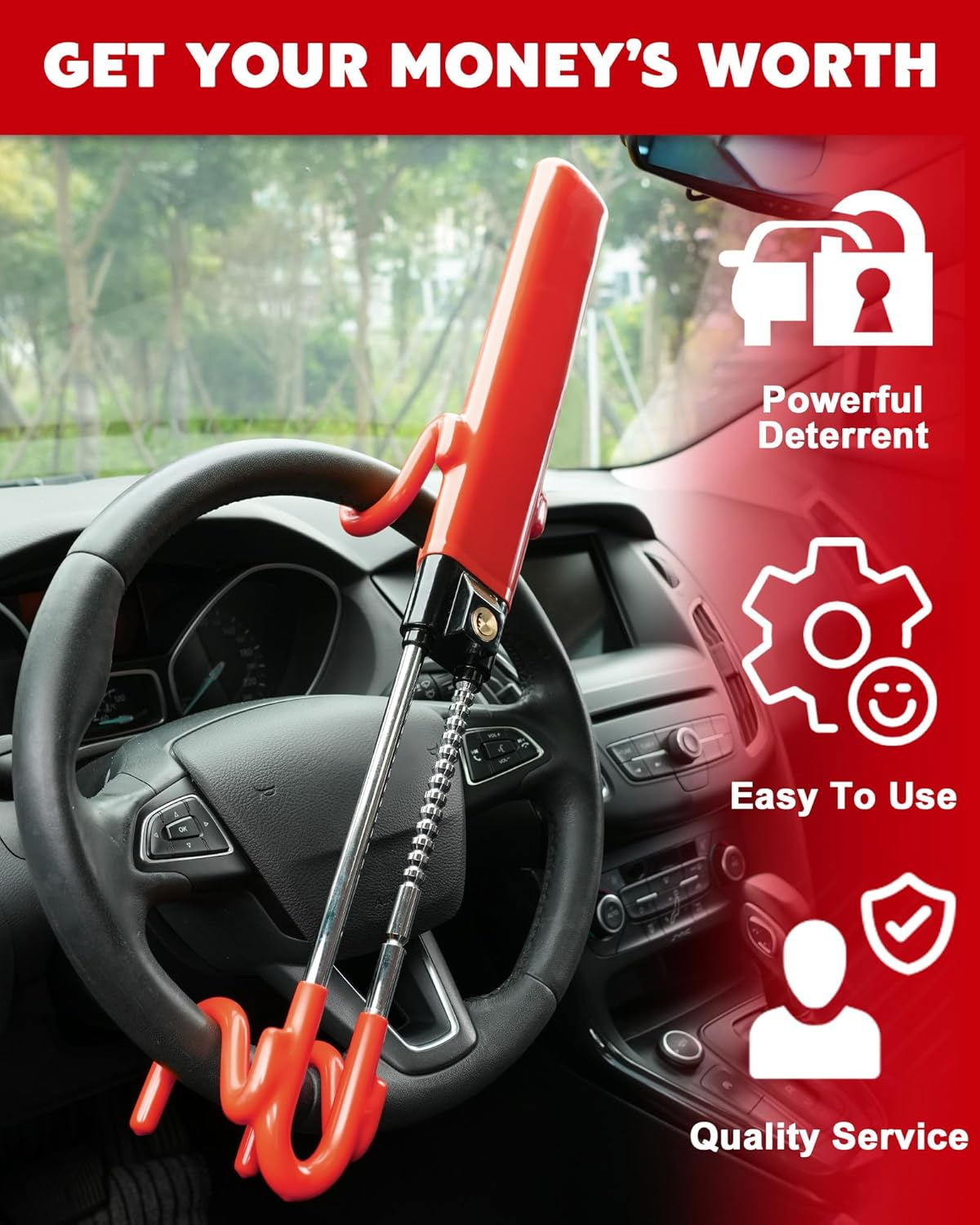 Tevlaphee Steering Wheel Lock Anti-Theft Car Device Heavy Duty Security Car Lock Antitheft Locking Devices Great Deterrent Adjustable Car Wheel Lock anti Theft for Vehicle Truck SUV with 3 Keys (Red) image number 6
