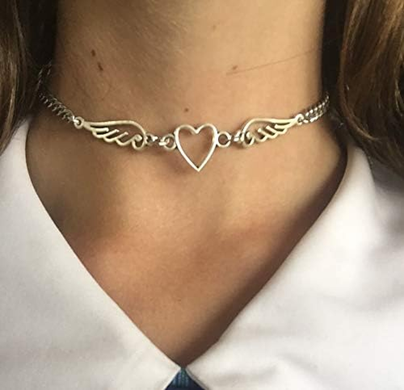 Angel Heart Wing Choker Gothic Indie Stuff Y2K Hollow Out Pendant Chain Necklace for Women Men, Metal image number 1