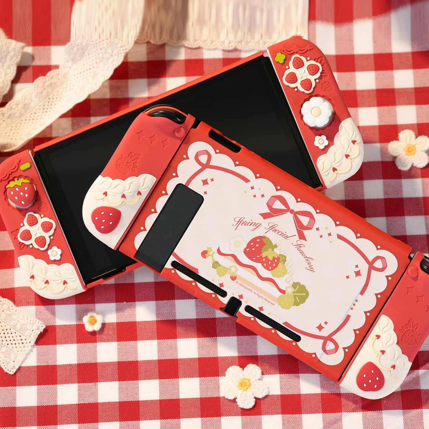 Geekshare Protective Case for Switch Slim Cover Case Compatible with Switch Separable Soft Silicone Protective Shell for Game Console with 2 Thumb Grip Caps - Spring Special Strawberry image number 4