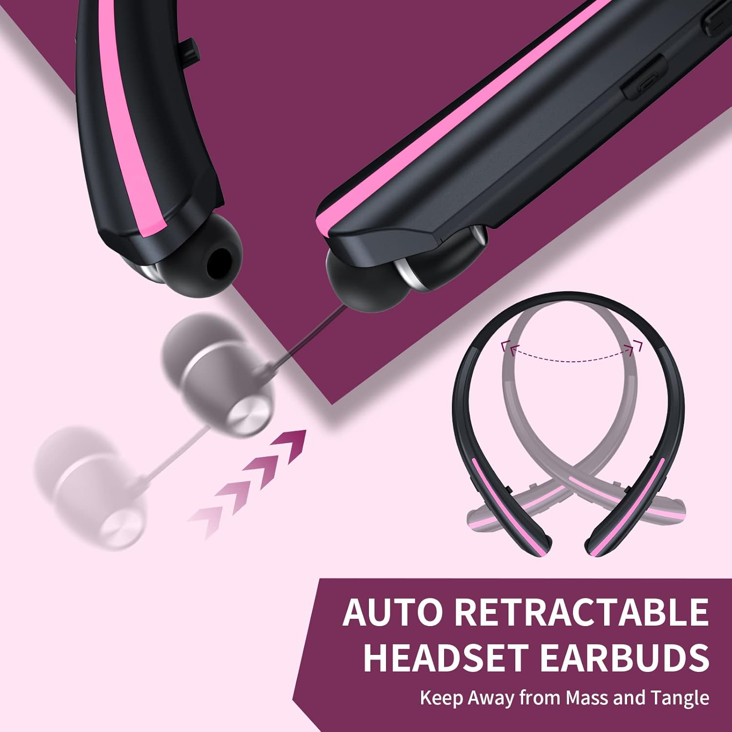 APPINESSEY Bluetooth Headphones Retractable Neckband, Bluetooth Headset with Microphone Vibration Call, Stereo Noise Cancelling Earphones for Workout Sports Driving (Black Pink)