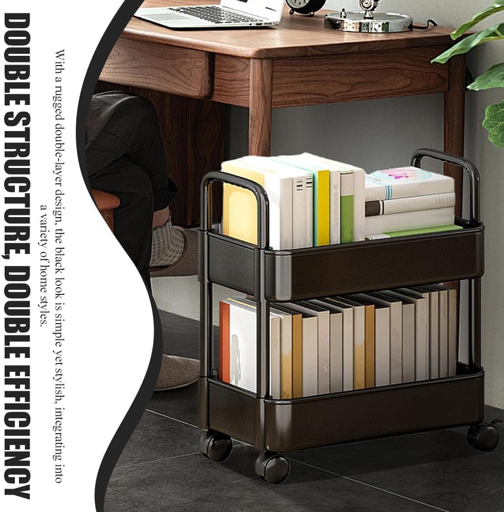 Storage Rolling Cart, 2Tier Snack Organiser Trolley, Rolling Shelf with Wheels & Hooks,Movable Storage Organizer for Home Kitchen Organization (Black image number 6