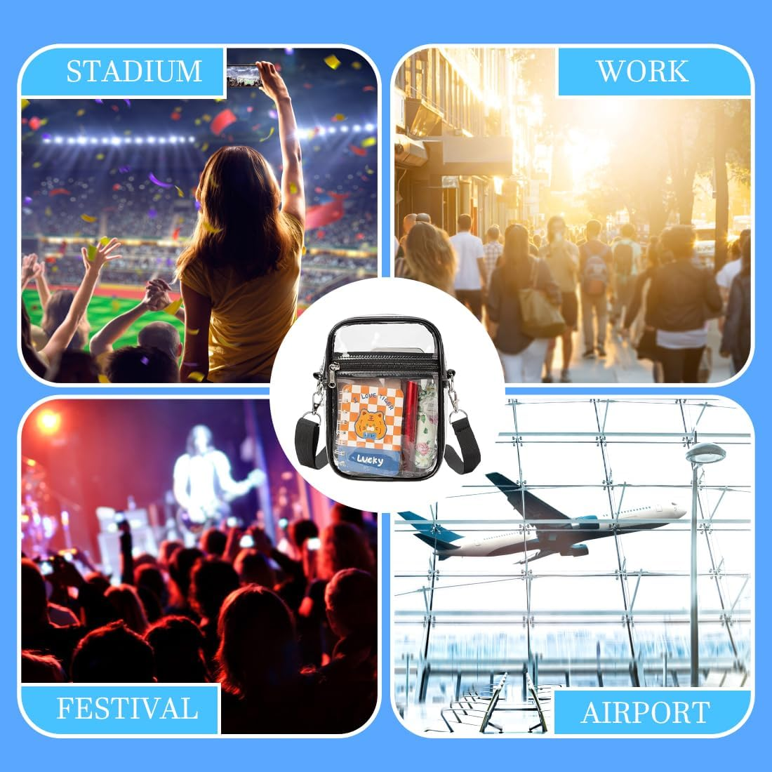 GXGM 1 X PVC Transparent Bag, with Adjustable Shoulder Strap, Stadium-Approved Transparent Bag for Concerts, Sporting Events, Large (Black) image number 6