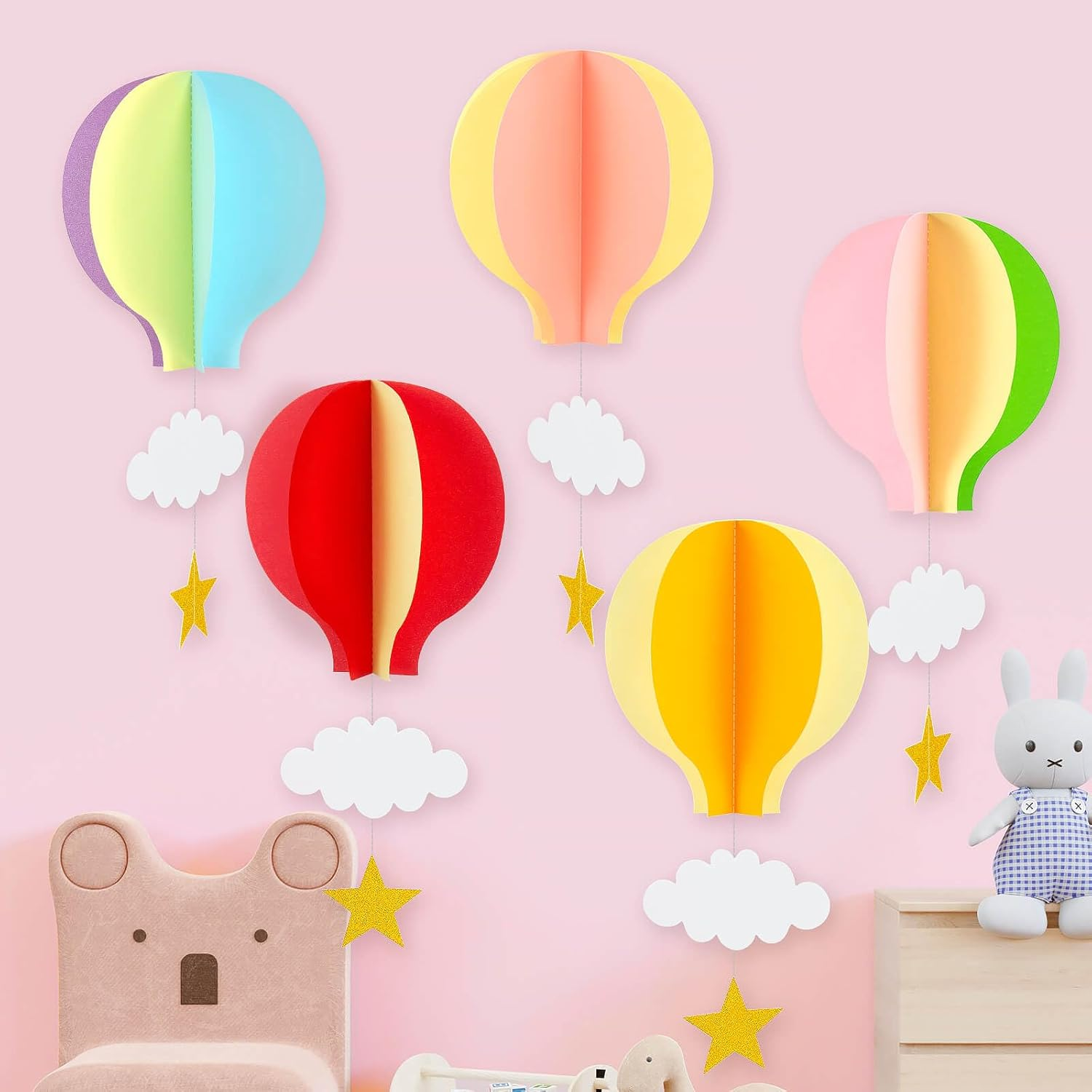 Vomika Colorful Fantasy Hot Air Balloon Hanging Paper Decorations Garland Pack of 5 Big Size with Clouds Stars for Kids Room, Baby Shower, Birthday Party, Wedding Part image number 3