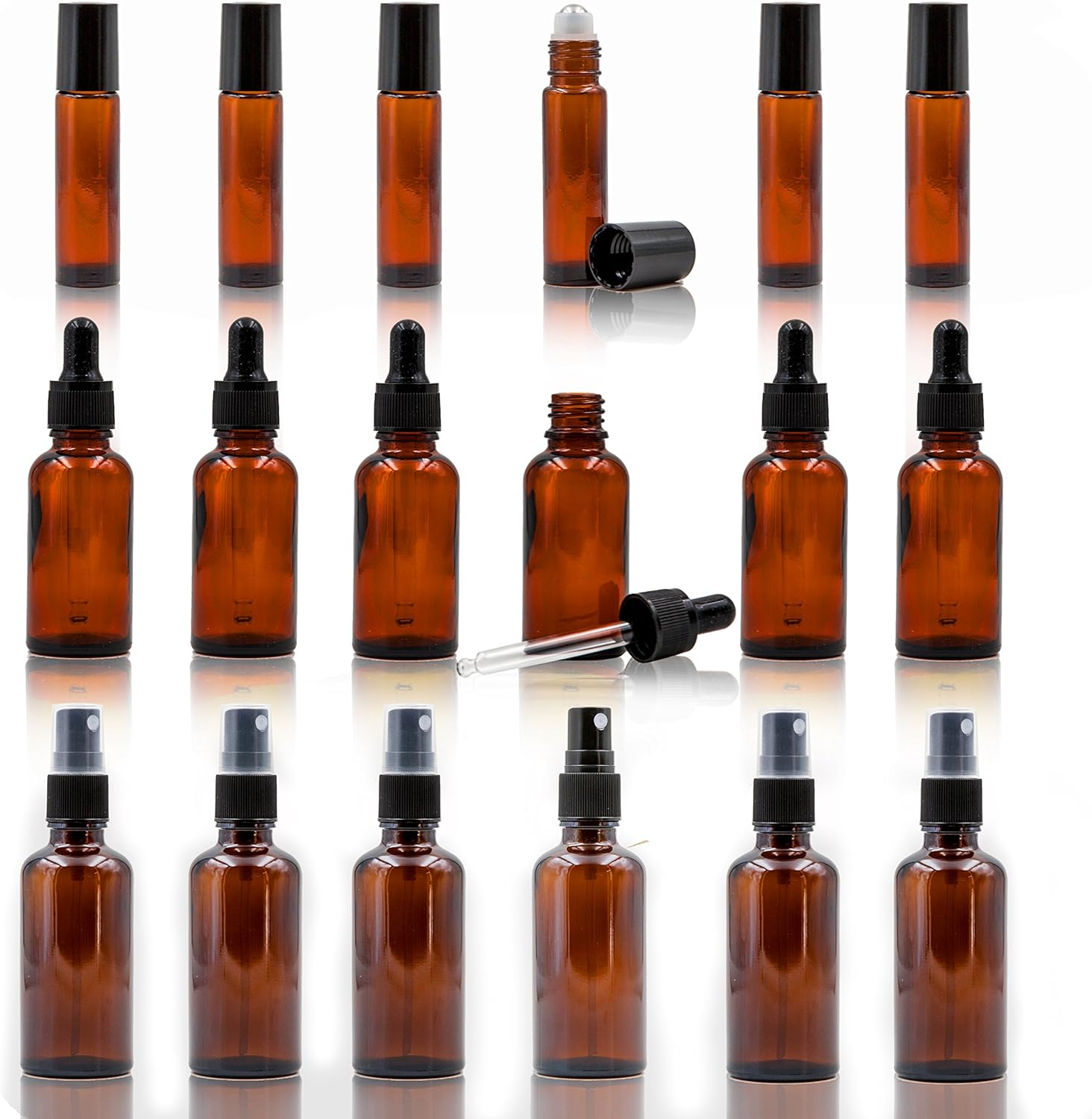 Youngever 18 Amber Glass Essential Oil Bottles Bundle, 6 Dropper Bottles (30ML), 6 Spray Bottles (60ML), 6 Stainless Steel Roller Bottles for Essential Oil (10ML) image number 3