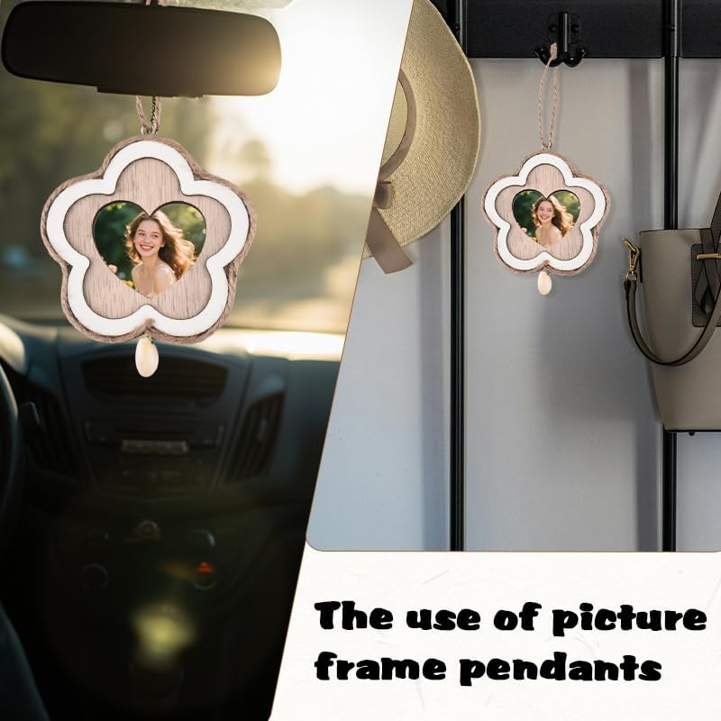 Flower Shape Photo Ornament Frame Wooden Hanging Ornament for Car Home Wall Decor Gifts for Friends Family Female
