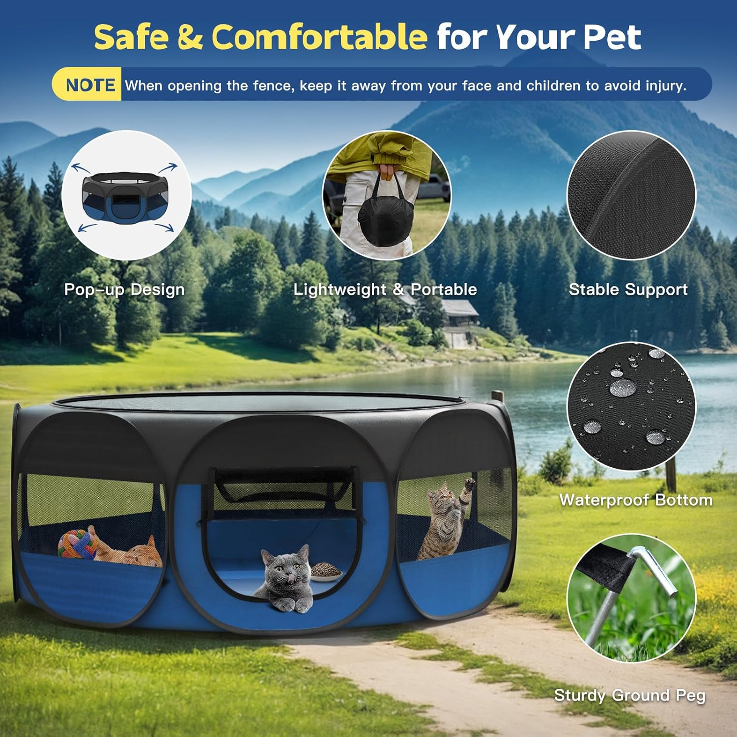 Vavopaw Pet Playpen for Small Animals, Breathable Cat Tent with Removable Zip & Waterproof Base, Portable Cat Playpen for Puppies, Rabbits, for Indoor/Outdoor, Black + Blue