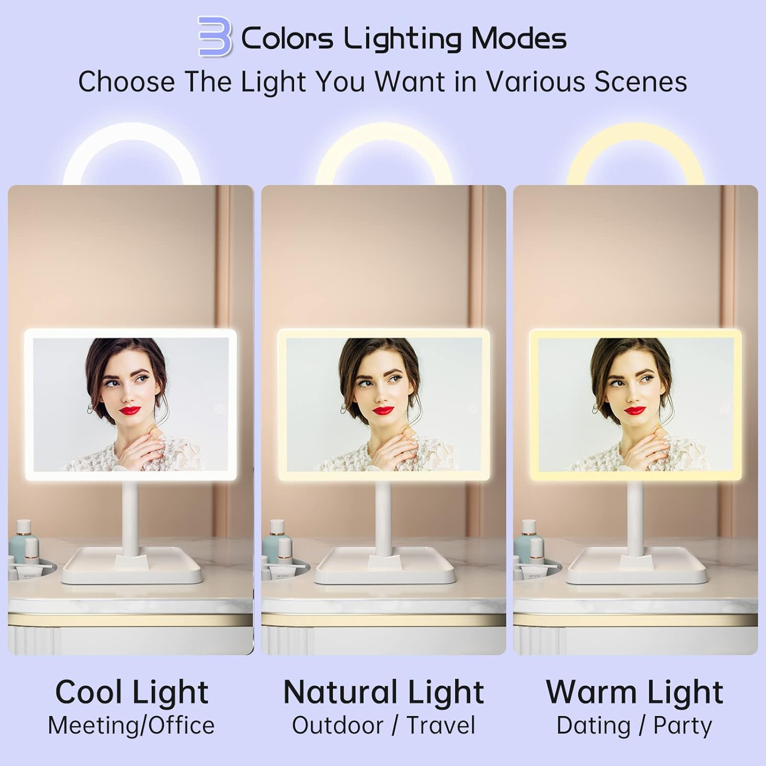 FUNTOUCH Rechargeable Makeup Vanity Mirror with Lights, Large Lighted Desk Makeup Mirror with 96 LED Lights and 10X Magnifying Mirror, 3 Color Lighting, Light up Make up Mirror with Phone Holder image number 1