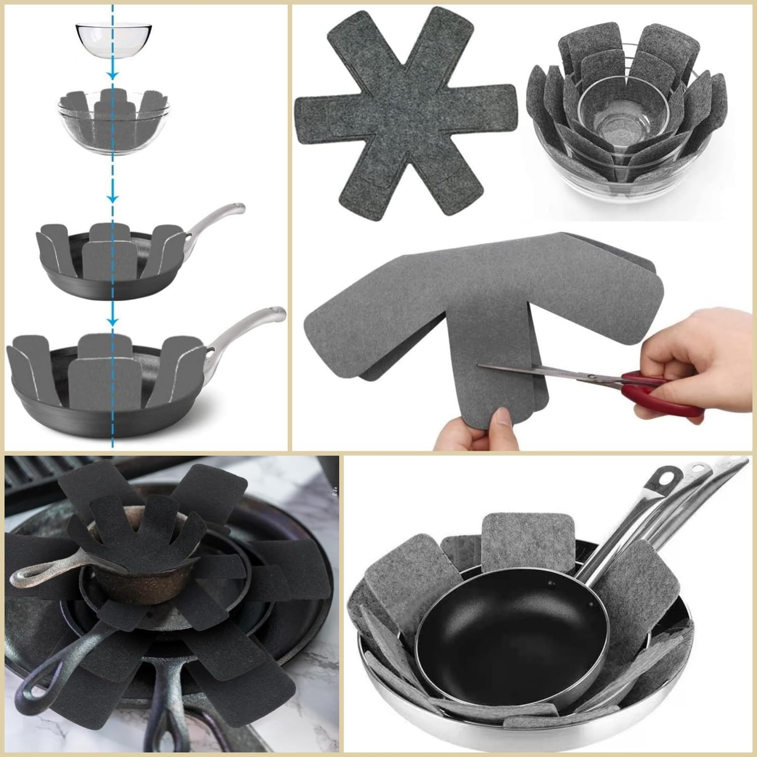 Taicols Pot and Pan Protectors, 15 Pcs Cookware Protector Sets, Non-Slip Pans Separator to Prevent Scratches, 3 Different Sizes of Pot Covers, Pots and Pans Divider Non-Slip Mats (Gray) image number 4